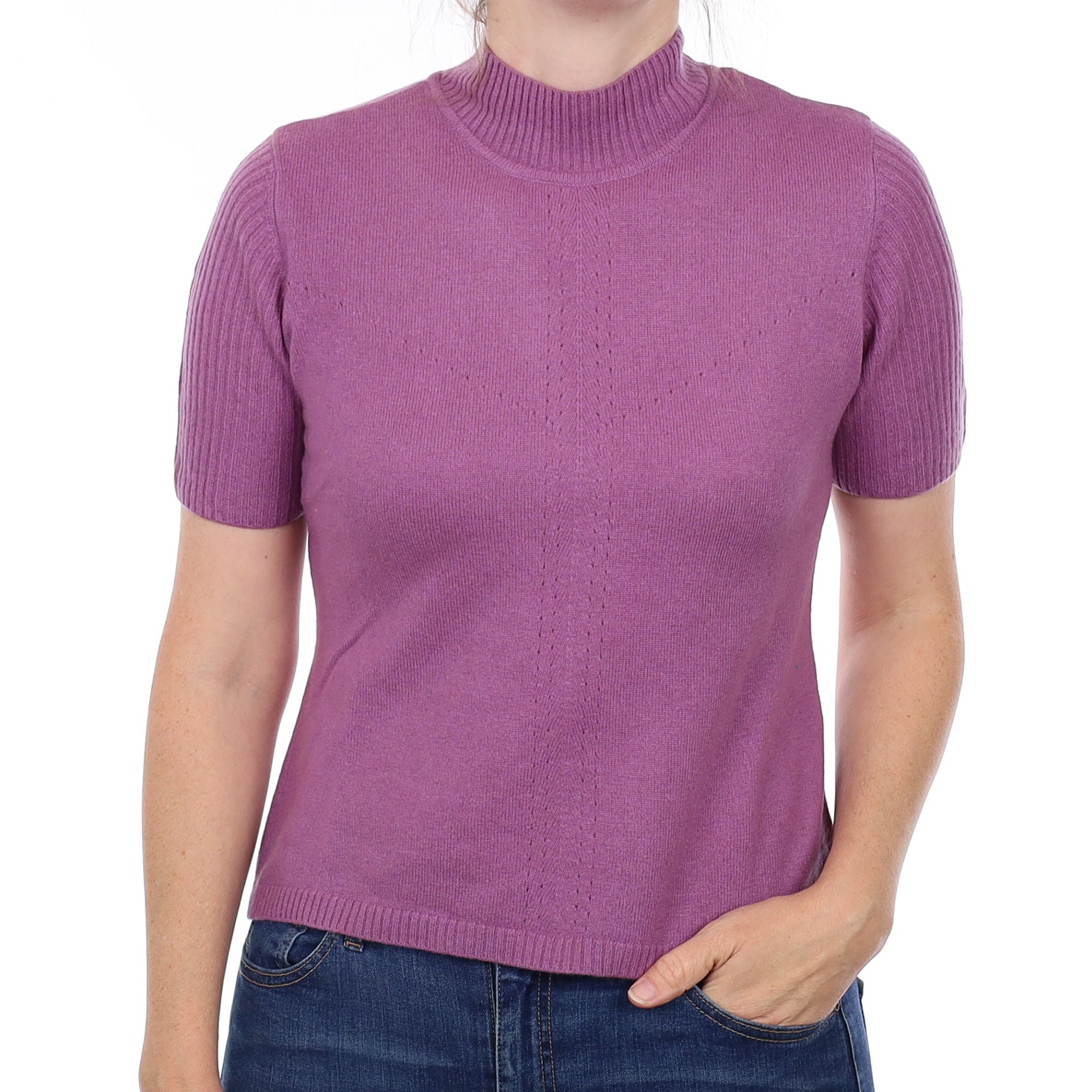 Wisteria Purple Cashmere Short Sleeve Turtleneck Jumper Small