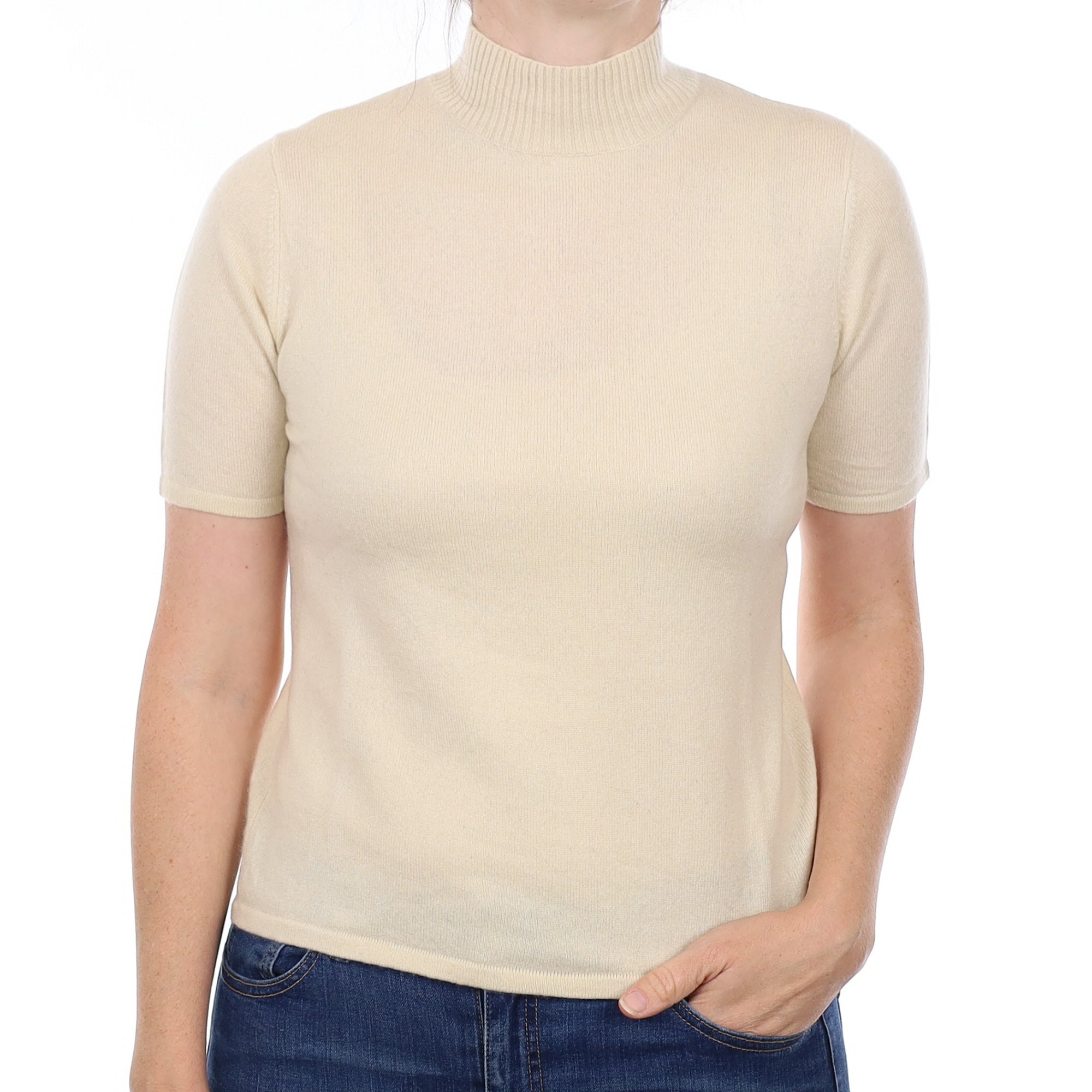 Pale Beige Cashmere Short Sleeve Turtleneck Jumper Small