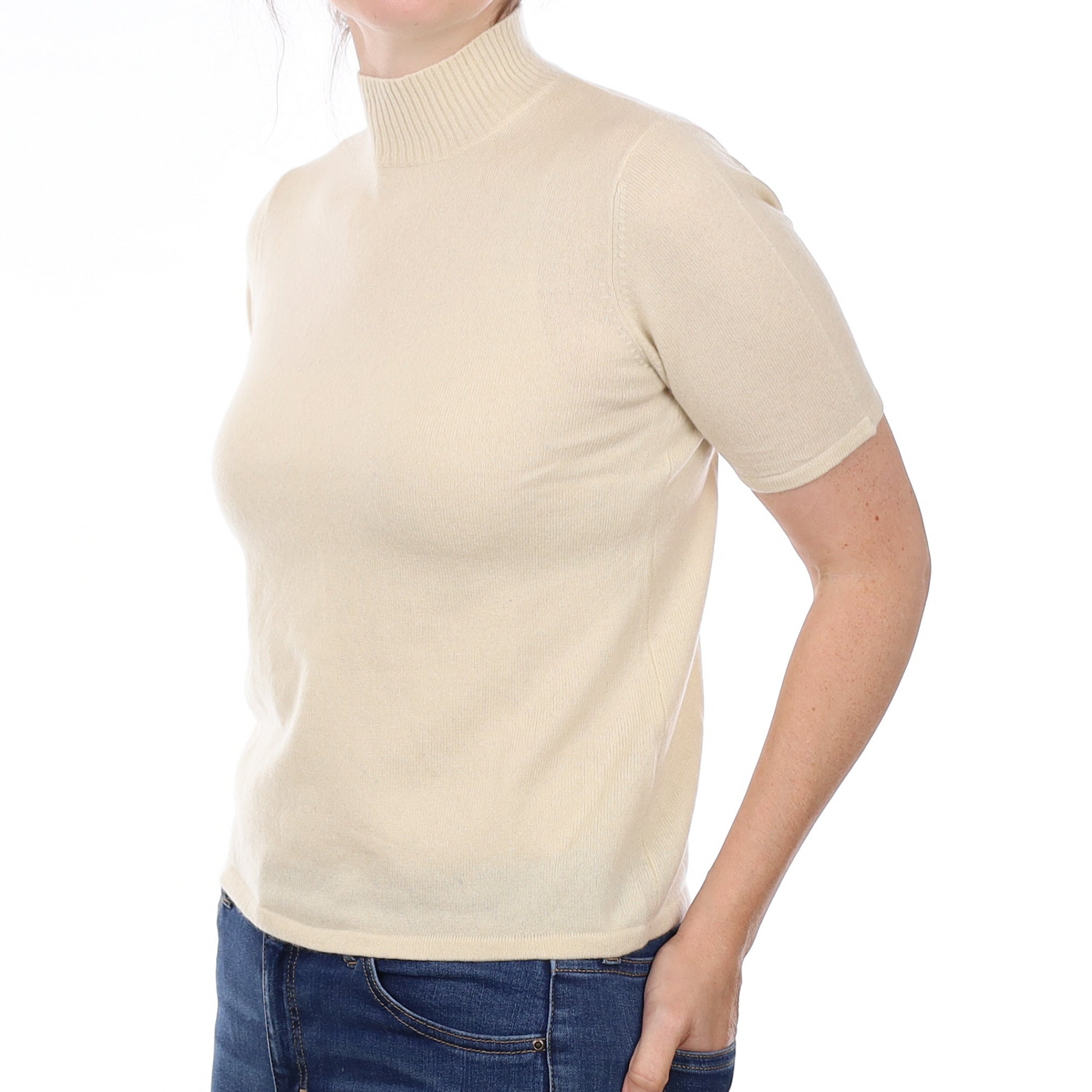 Pale Beige Cashmere Short Sleeve Turtleneck Jumper Small