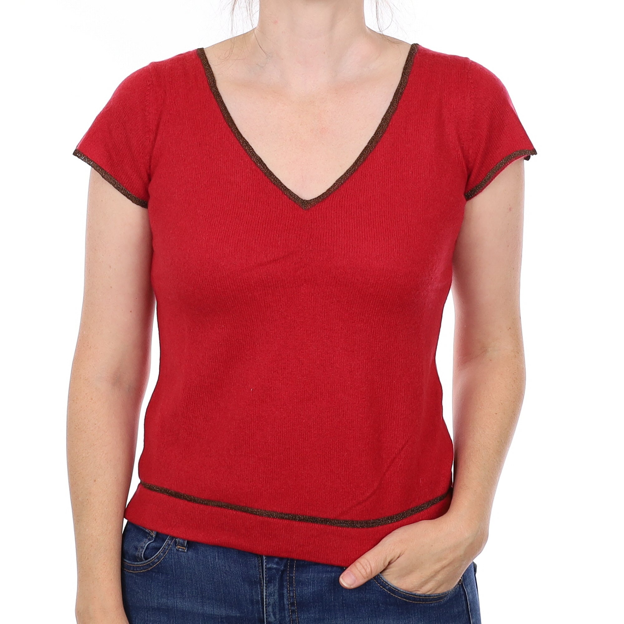 Red Sparkly Edged Cashmere Short Sleeve V Neck Jumper Small
