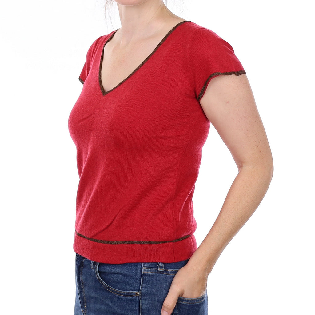 Red Sparkly Edged Cashmere Short Sleeve V Neck Jumper Small
