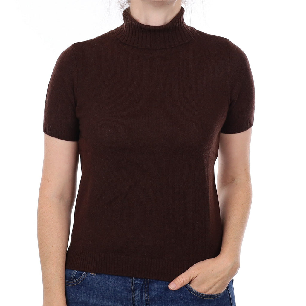 Chocolate Brown Cashmere Short Sleeve Polo Neck Jumper Small