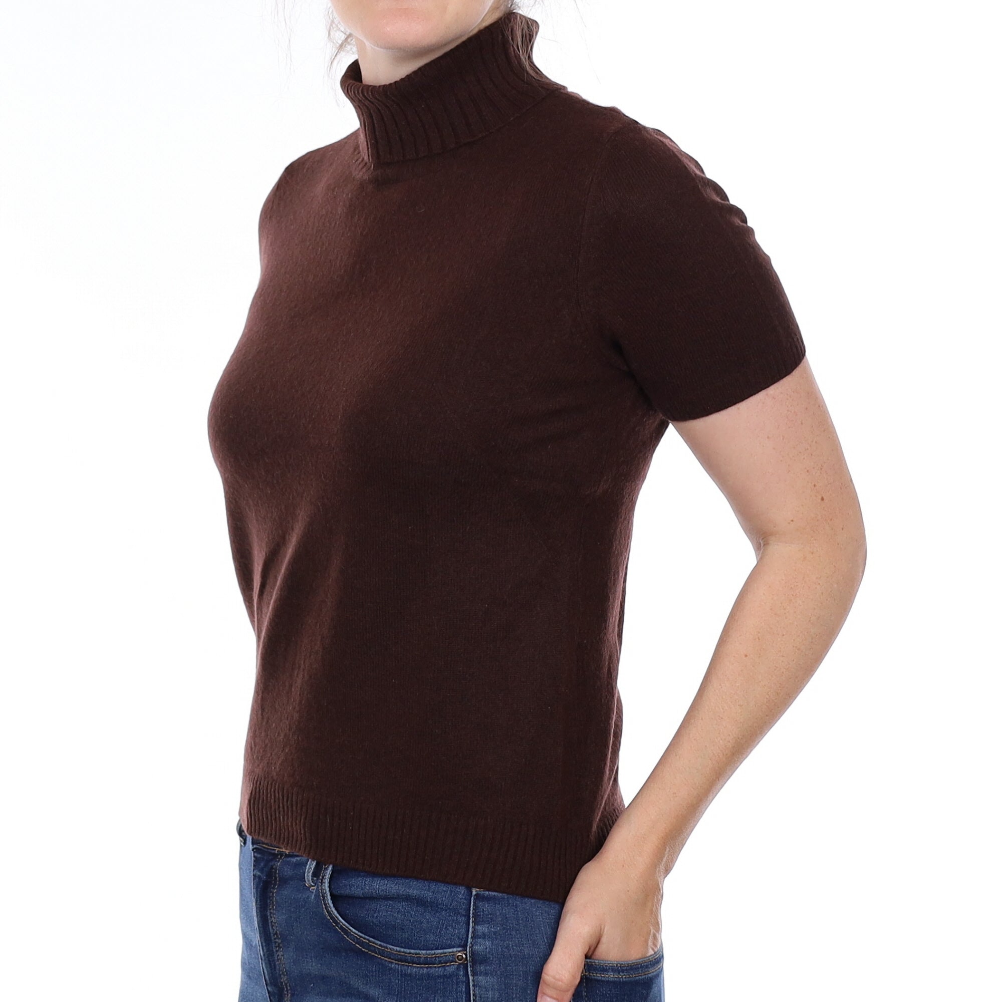 Chocolate Brown Cashmere Short Sleeve Polo Neck Jumper Small