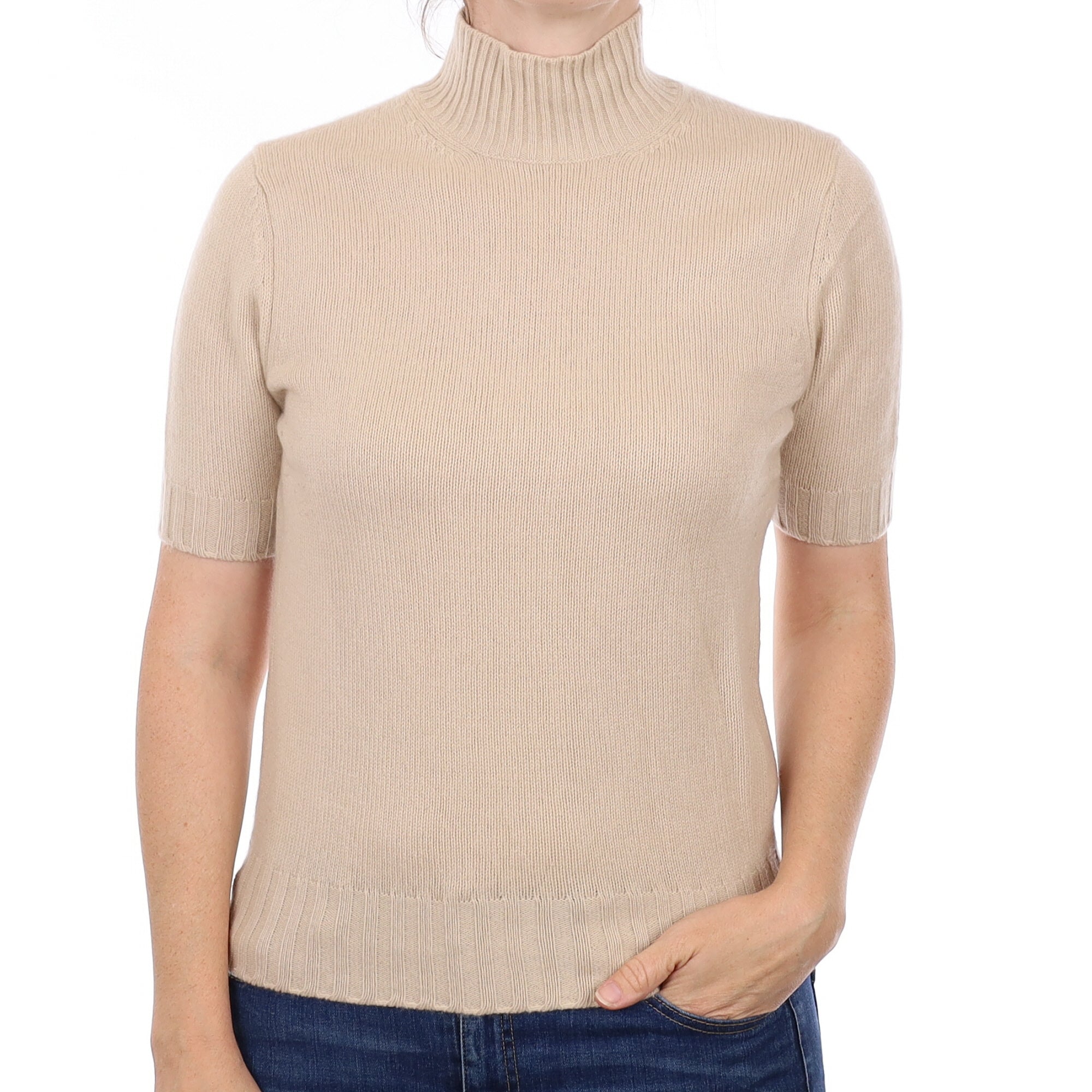 Beige Heavy Knit Cashmere Short Sleeve Turtleneck Jumper Small