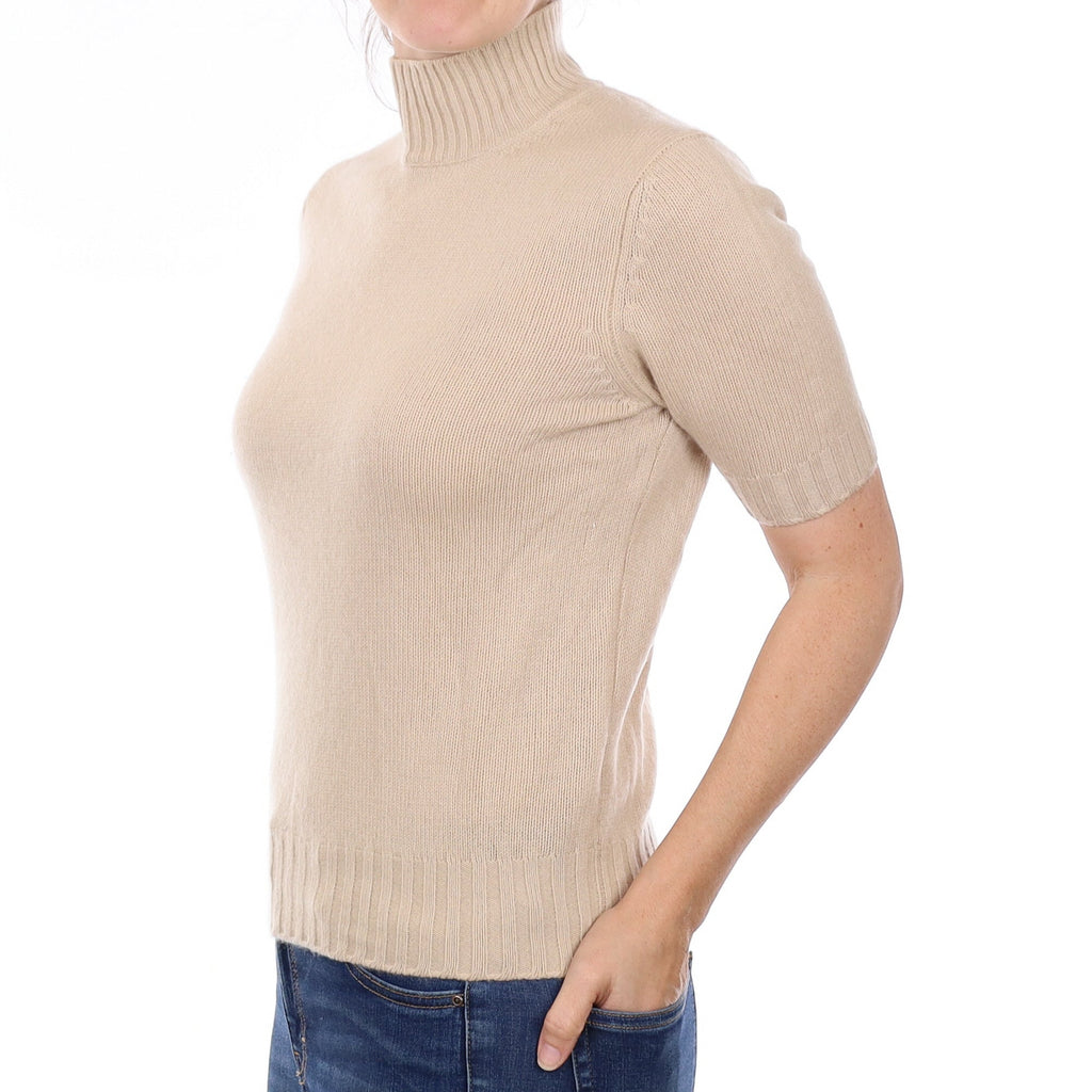Beige Heavy Knit Cashmere Short Sleeve Turtleneck Jumper Small