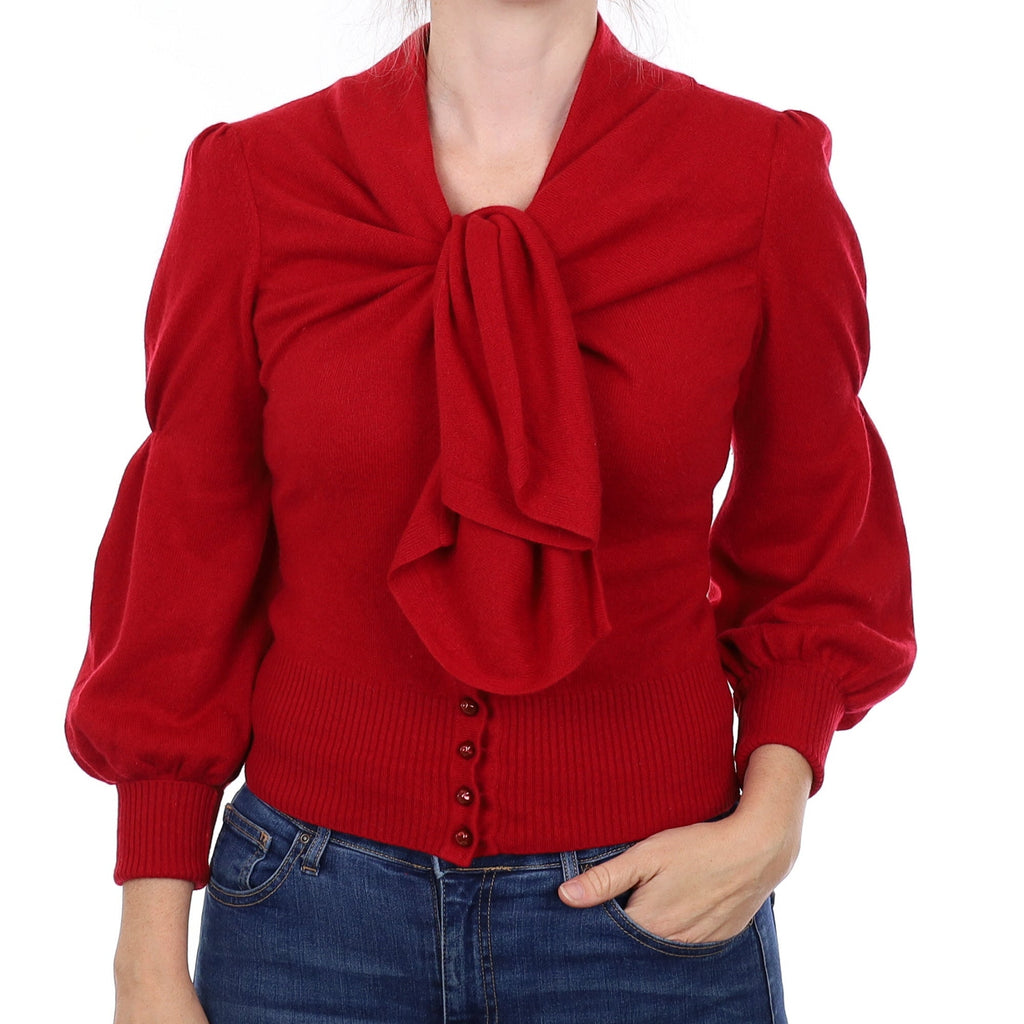 Crimson Red Cashmere Blouse Sleeves Cardigan with Neck Tie Small