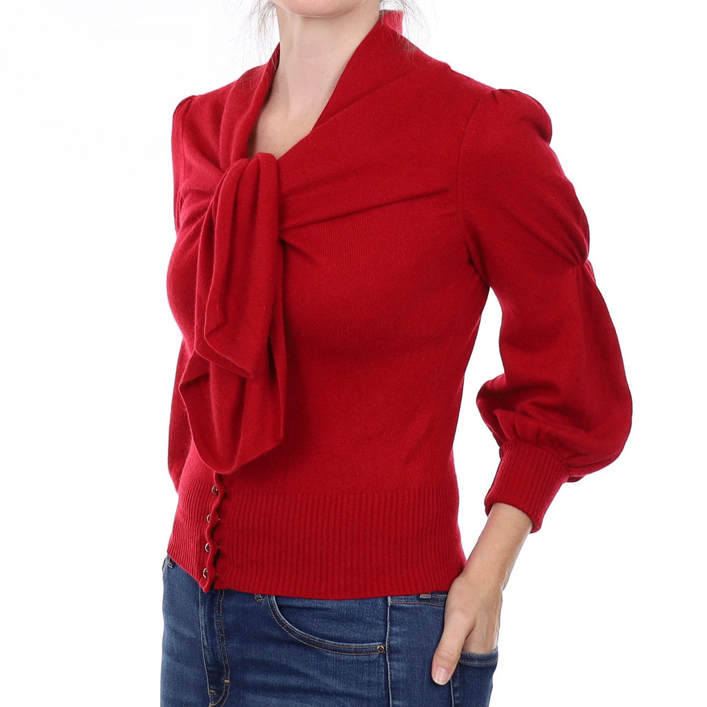 Crimson Red Cashmere Blouse Sleeves Cardigan with Neck Tie Small