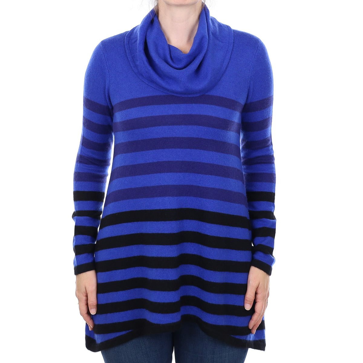 Electric Blue Striped Cashmere A-Line Cowl Neck Jumper Small
