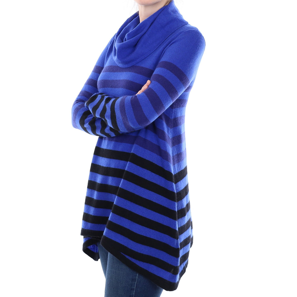 Electric Blue Striped Cashmere A-Line Cowl Neck Jumper Small
