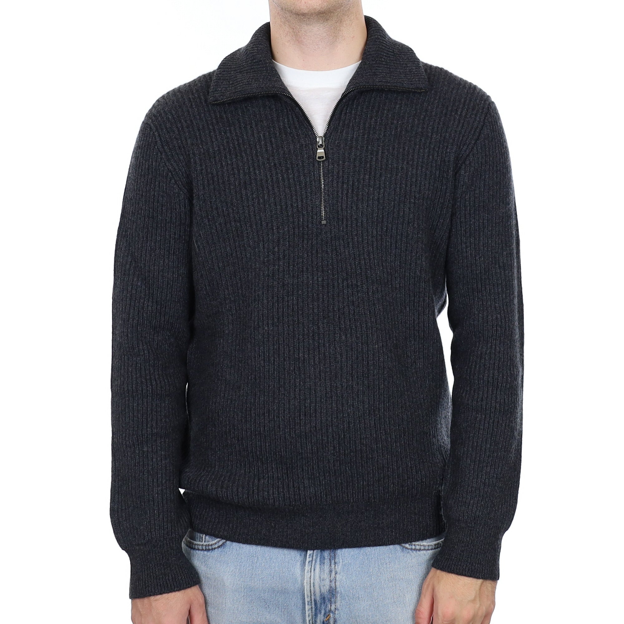 Men's Brand New Scottish Charcoal Chunky Rib Cashmere 1/4 Zip Jumper Medium