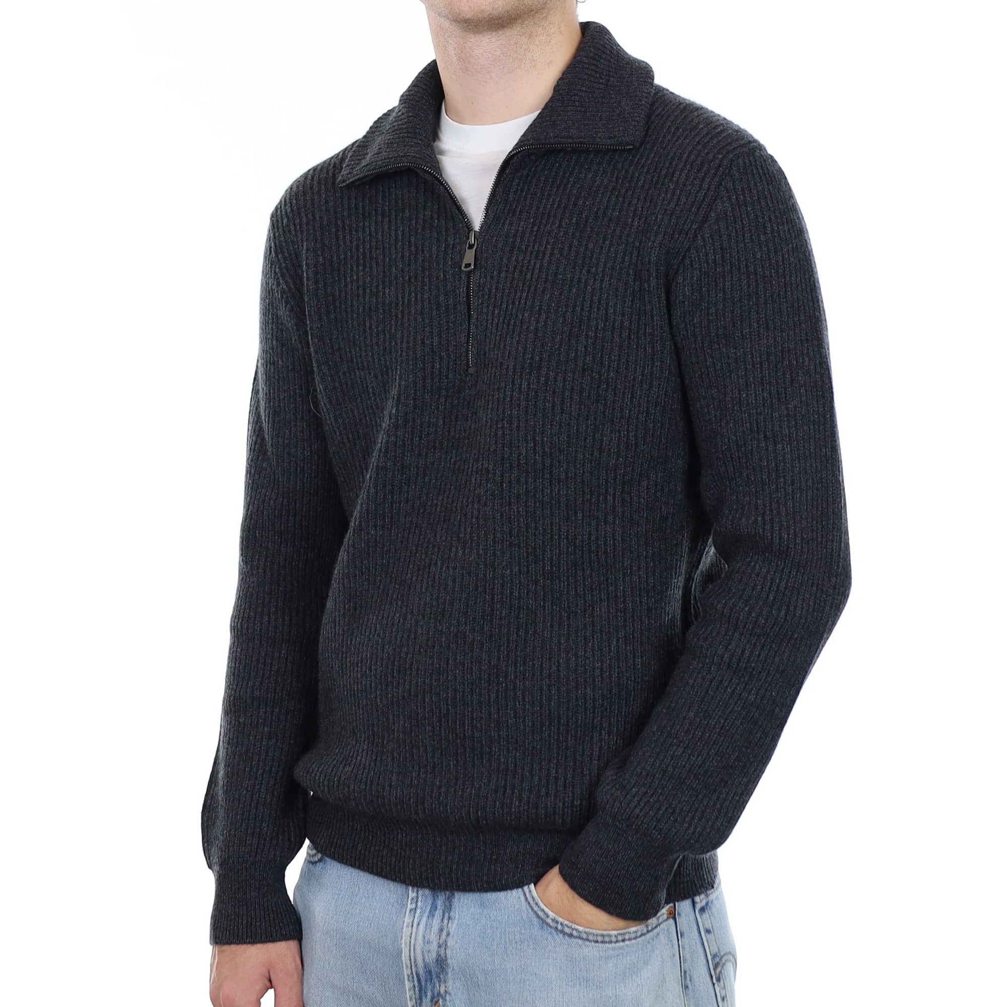 Men's Brand New Scottish Charcoal Chunky Rib Cashmere 1/4 Zip Jumper Medium