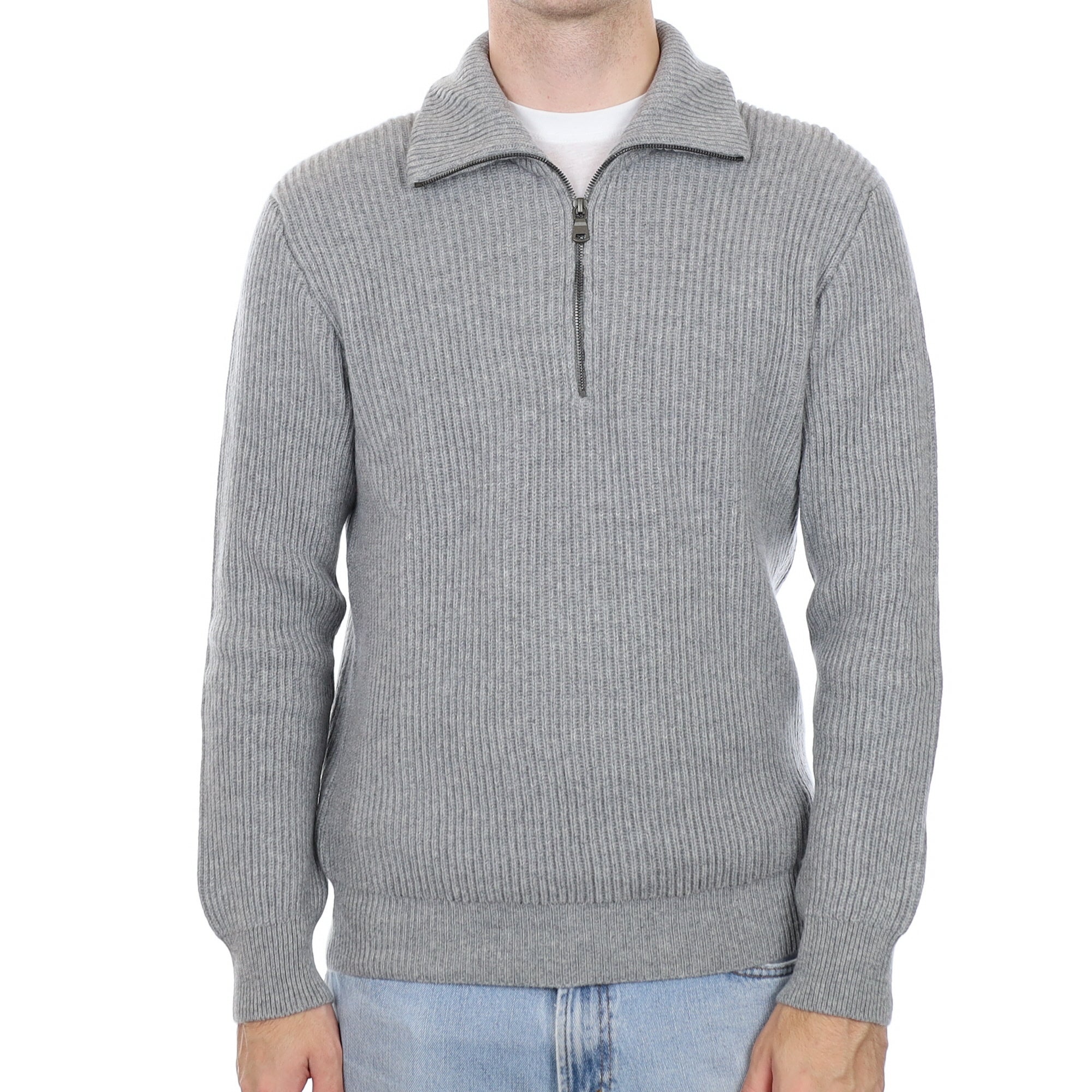 Men's Brand New Scottish Smoke Grey Chunky Rib Cashmere 1/4 Zip Jumper Medium