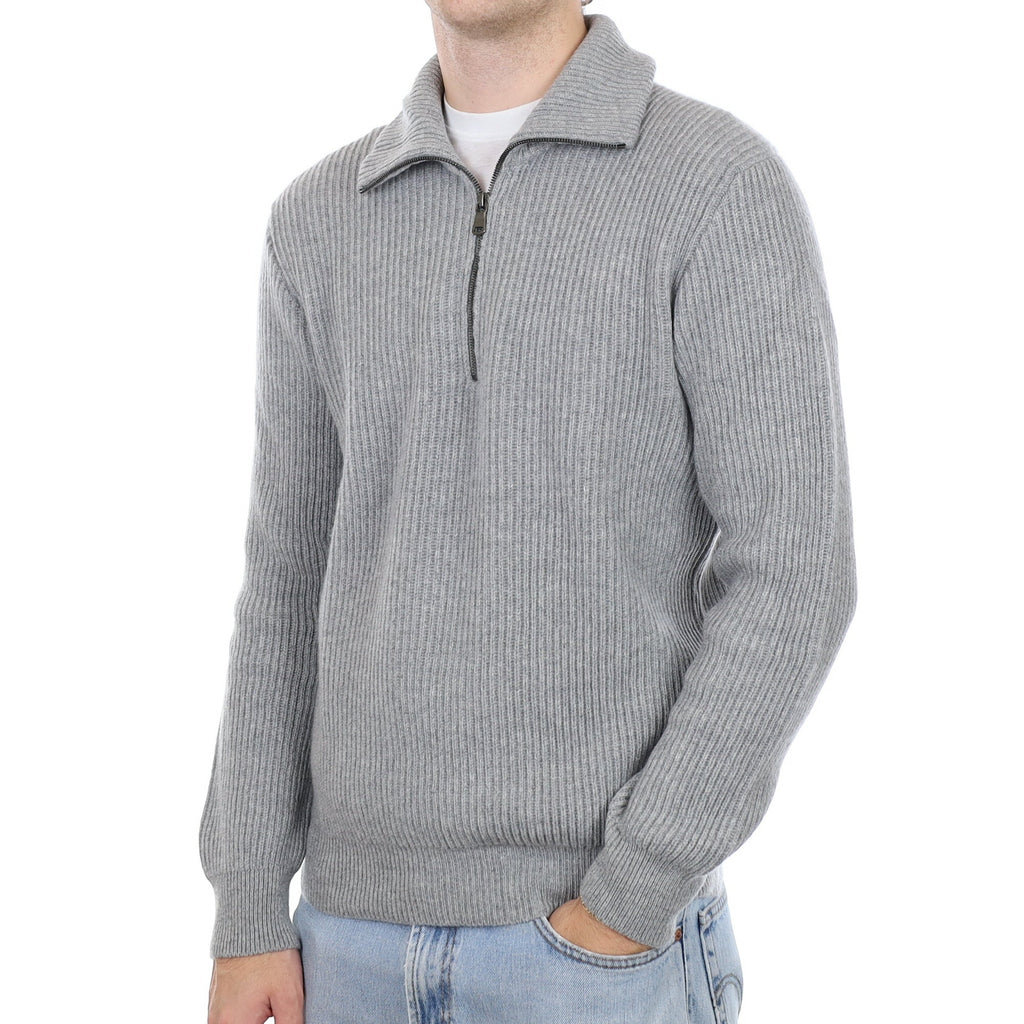 Men's Brand New Scottish Smoke Grey Chunky Rib Cashmere 1/4 Zip Jumper Medium