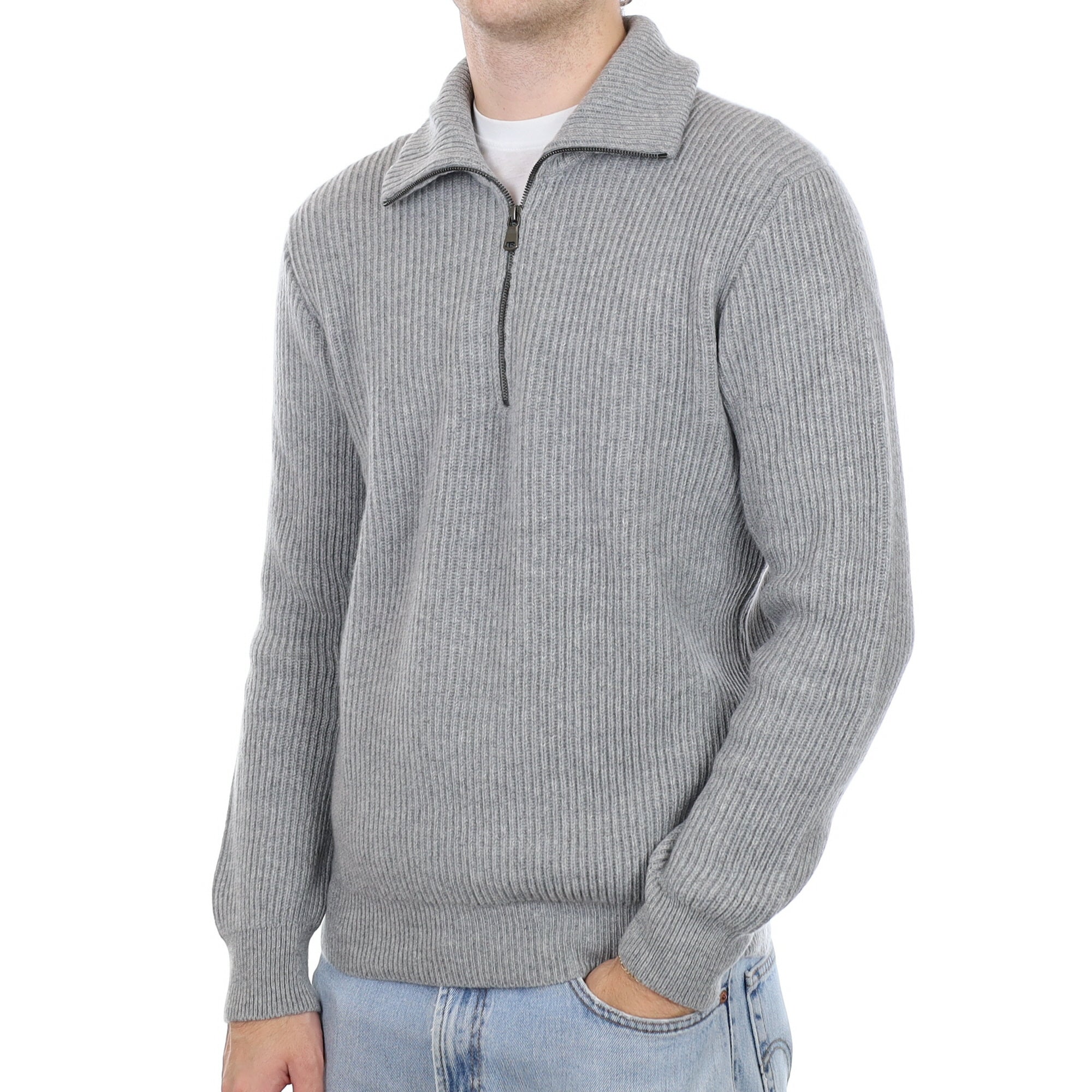 Men's Brand New Scottish Smoke Grey Chunky Rib Cashmere 1/4 Zip Jumper Medium