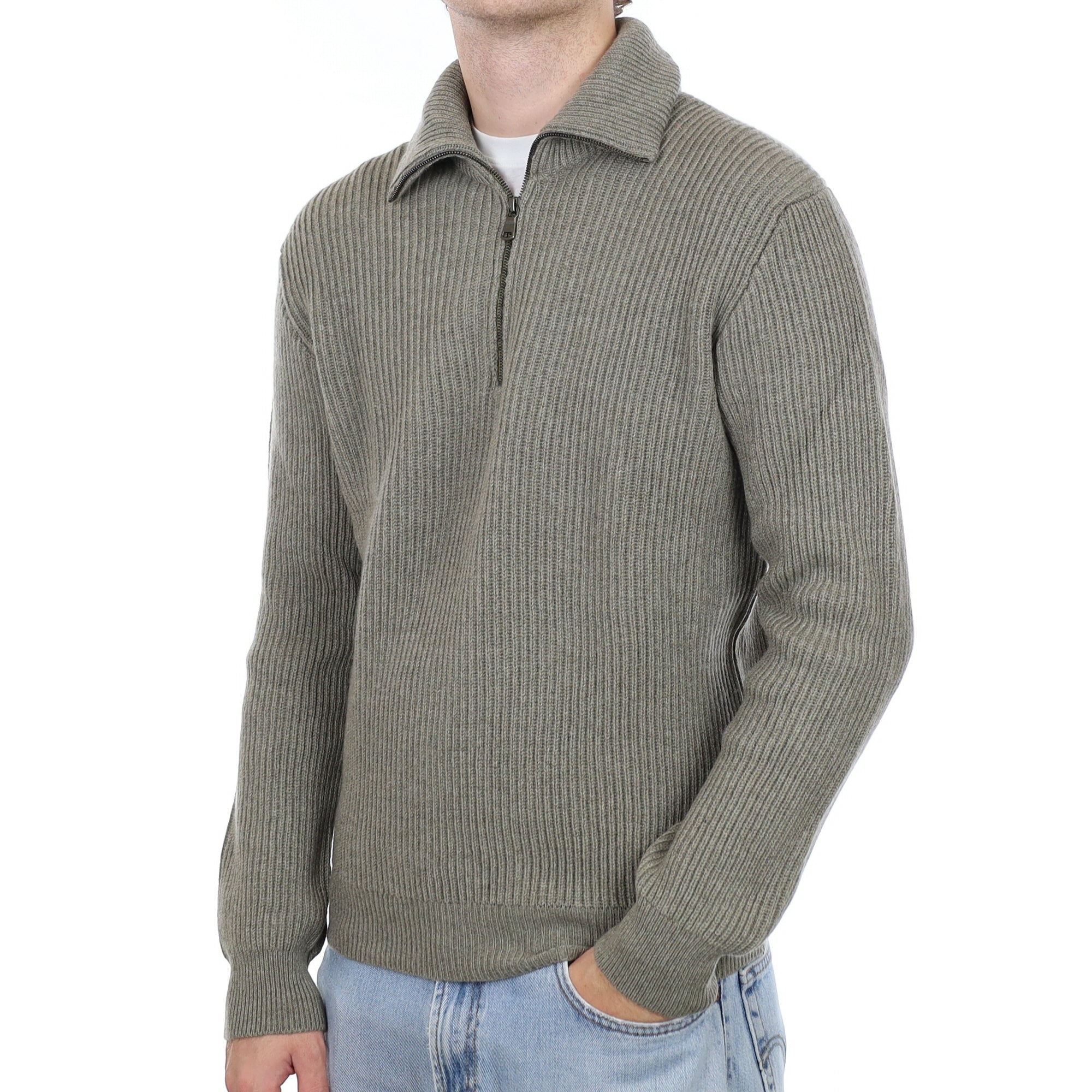 Men's Brand New Scottish Soft Pine Chunky Rib Cashmere 1/4 Zip Jumper Medium