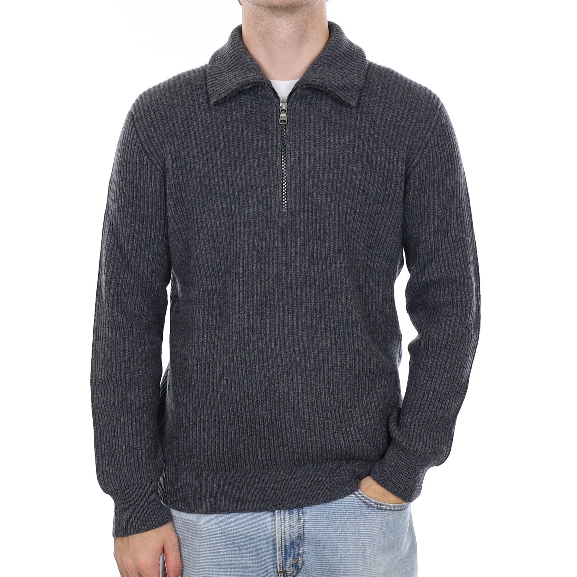 Men's Brand New Scottish Slate Grey Chunky Rib Cashmere 1/4 Zip Jumper Medium
