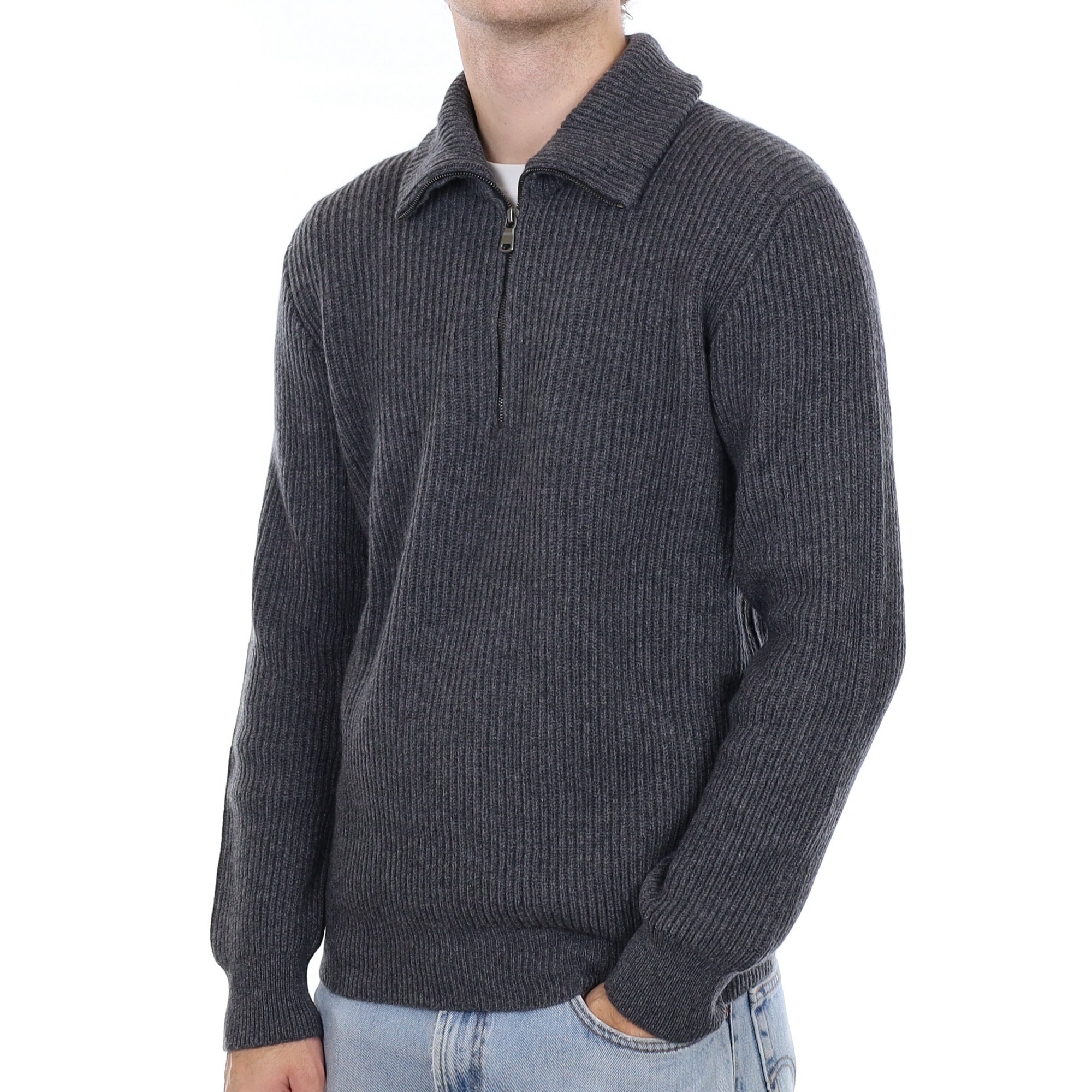 Men's Brand New Scottish Slate Grey Chunky Rib Cashmere 1/4 Zip Jumper Medium