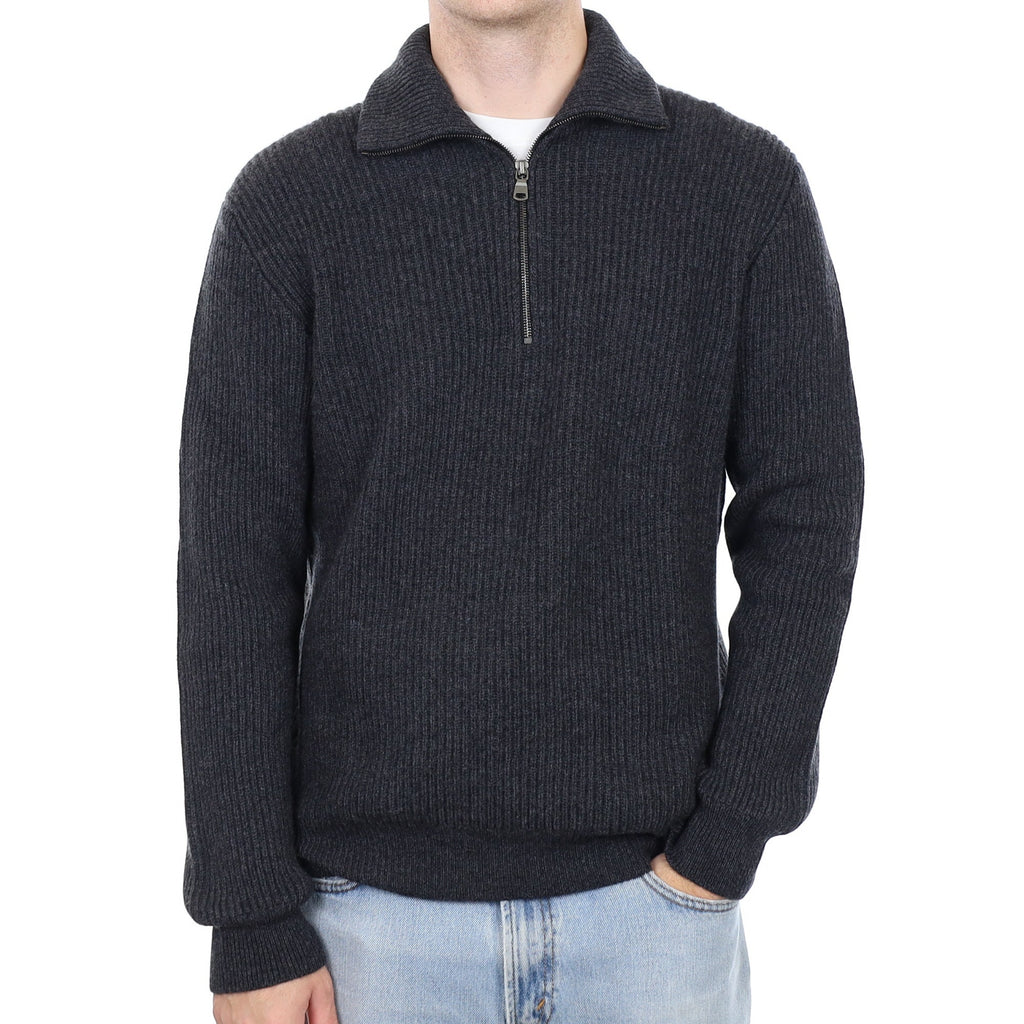 Men's Brand New Scottish Charcoal Chunky Rib Cashmere 1/4 Zip Jumper Large