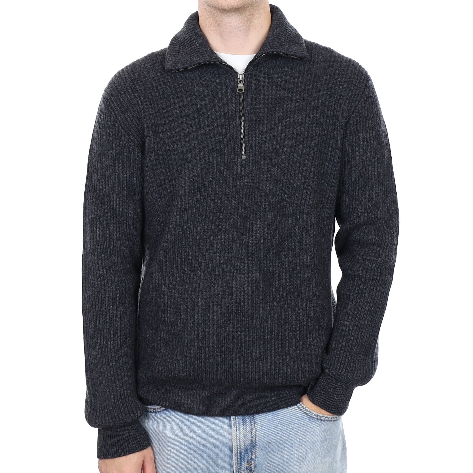 Men's Brand New Scottish Charcoal Chunky Rib Cashmere 1/4 Zip Jumper Large
