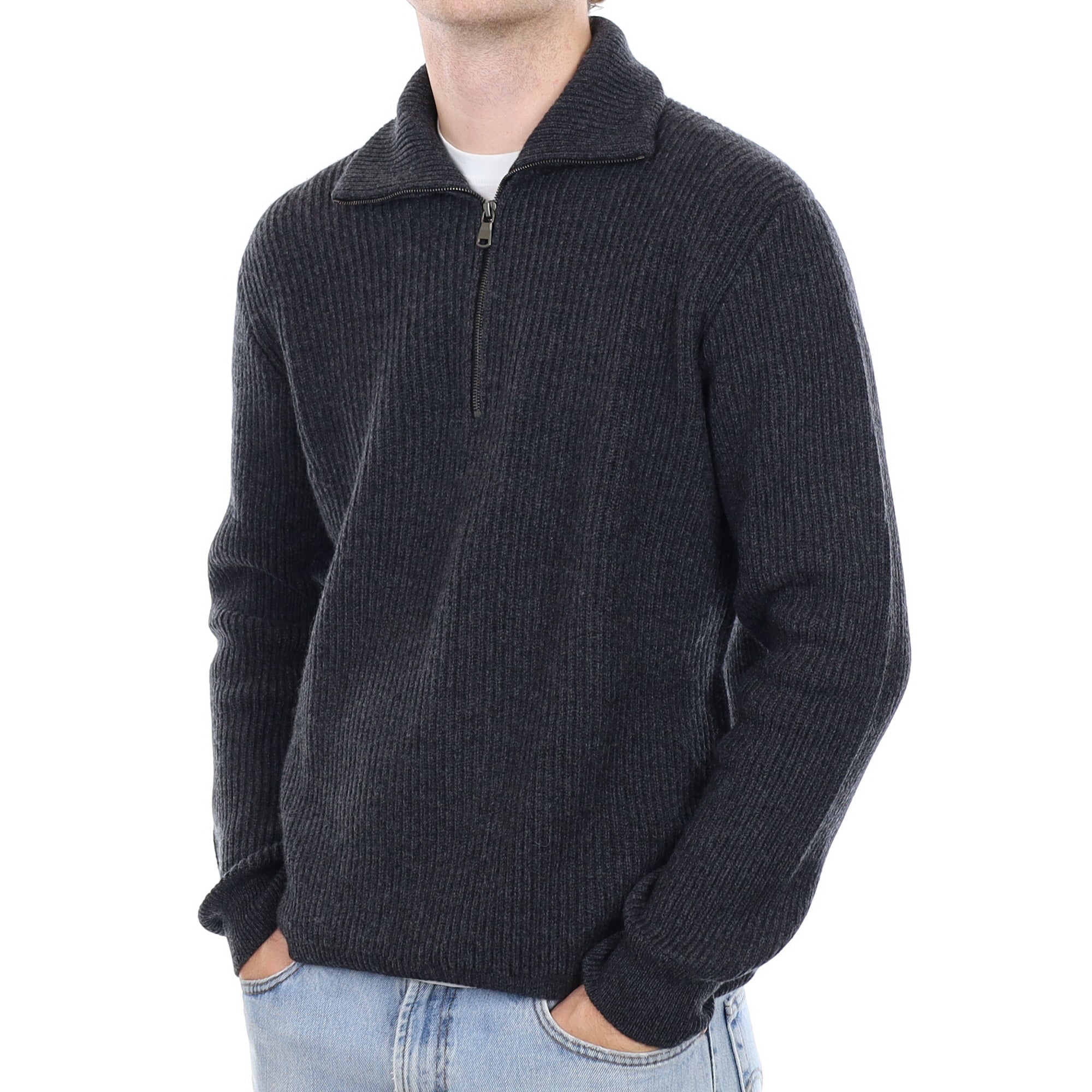Men's Brand New Scottish Charcoal Chunky Rib Cashmere 1/4 Zip Jumper Large