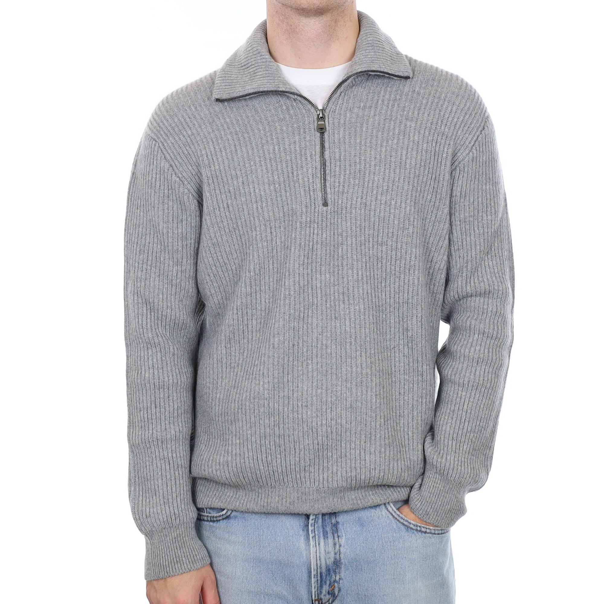 Men's Brand New Scottish Smoke Grey Chunky Rib Cashmere 1/4 Zip Jumper Large