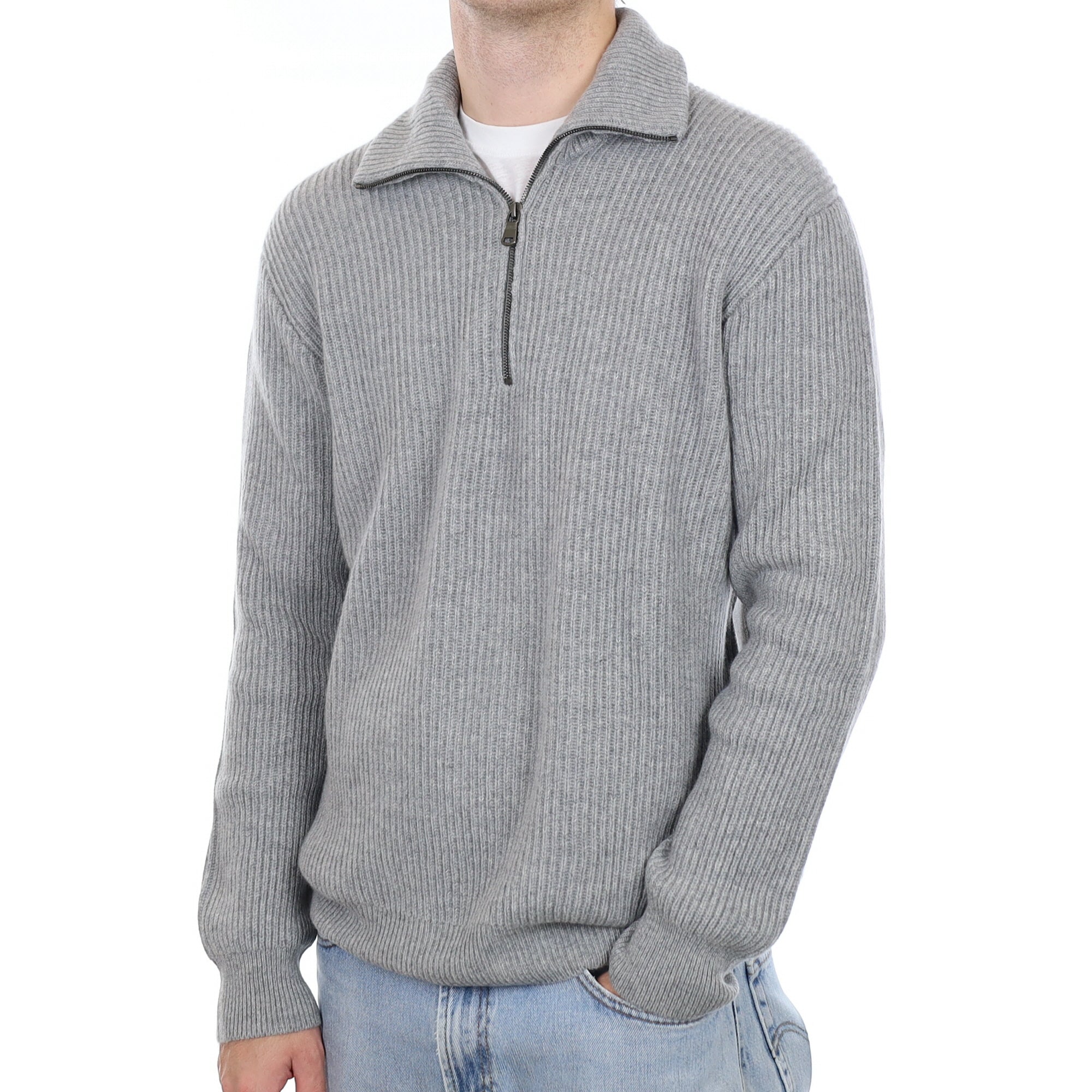 Men's Brand New Scottish Smoke Grey Chunky Rib Cashmere 1/4 Zip Jumper Large