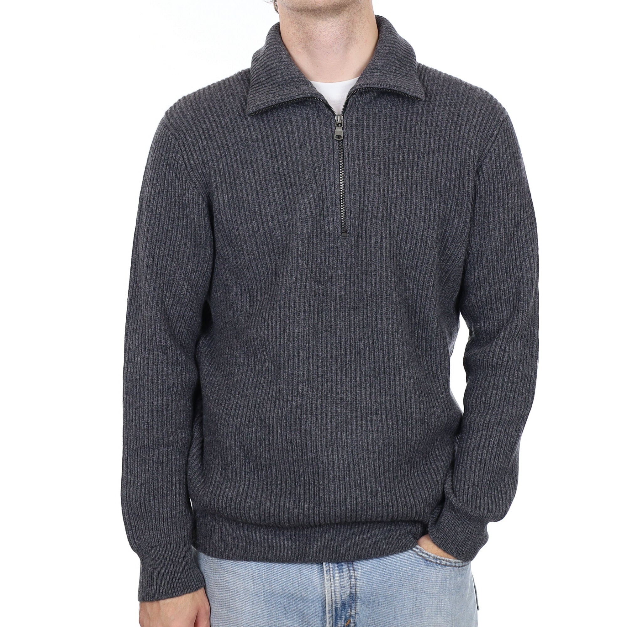 Men's Brand New Scottish Slate Grey Rib Chunky Cashmere 1/4 Zip Jumper Large