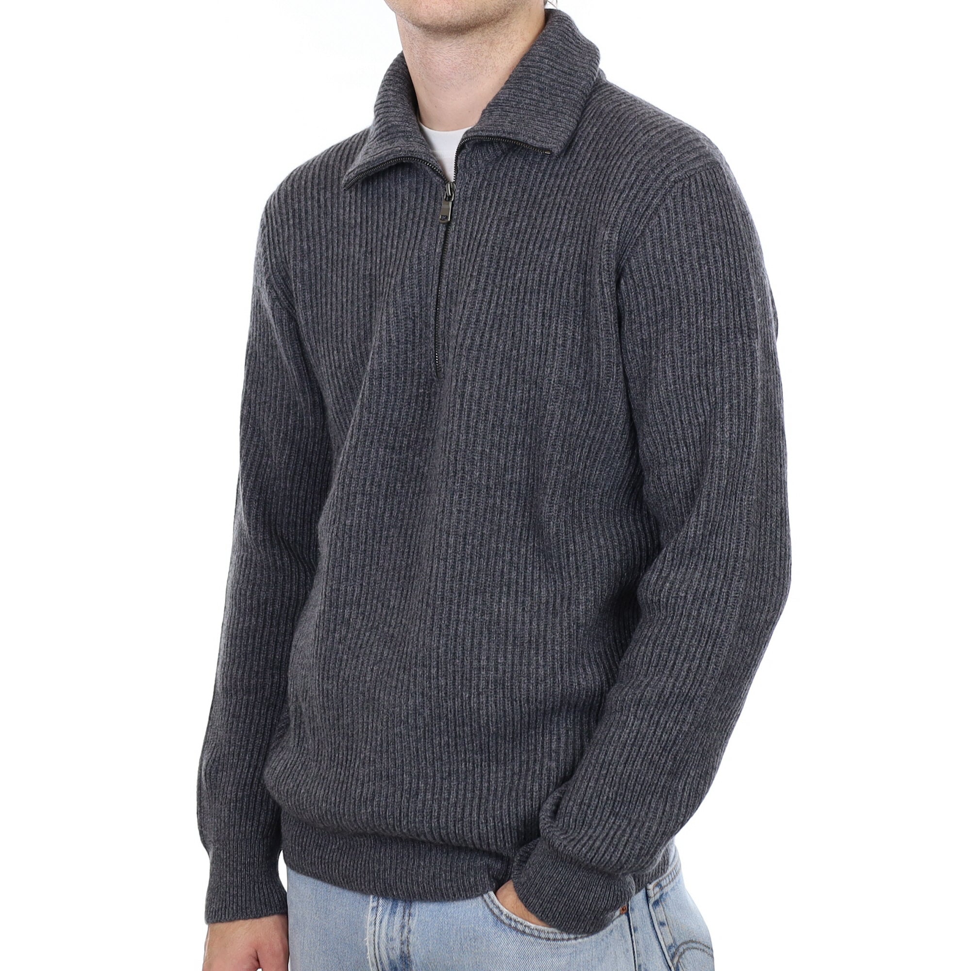 Men's Brand New Scottish Slate Grey Rib Chunky Cashmere 1/4 Zip Jumper Large