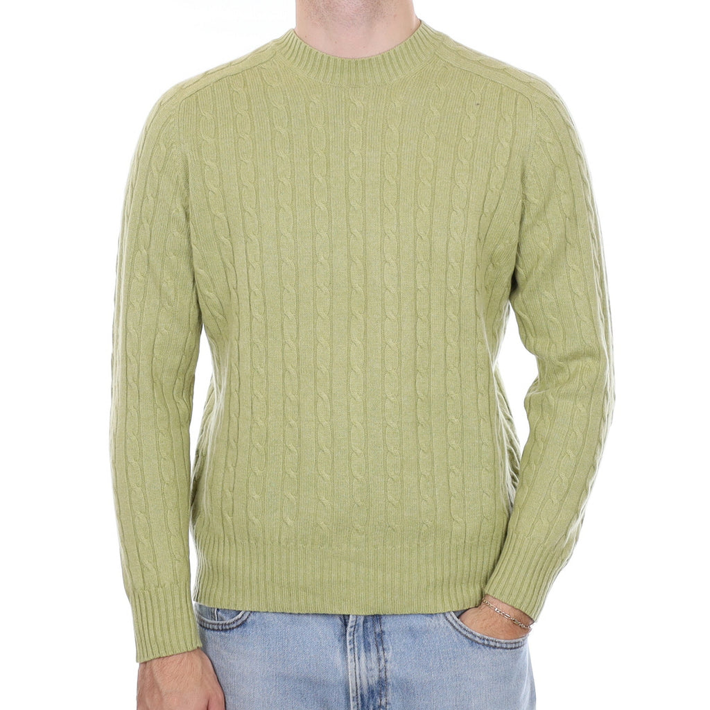 Men's Key Lime Green Cable Cashmere Crew Neck Jumper Medium