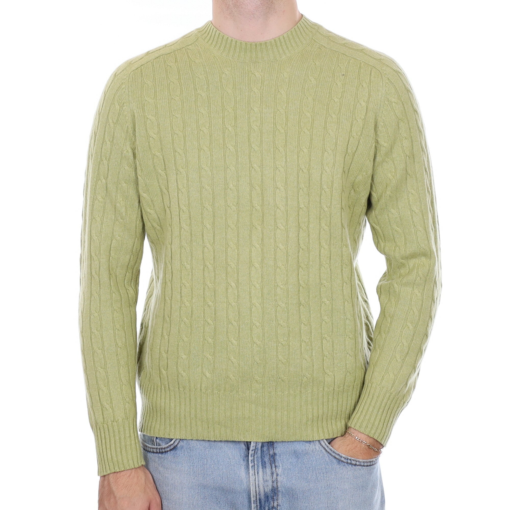 Men's Key Lime Green Cable Cashmere Crew Neck Jumper Medium