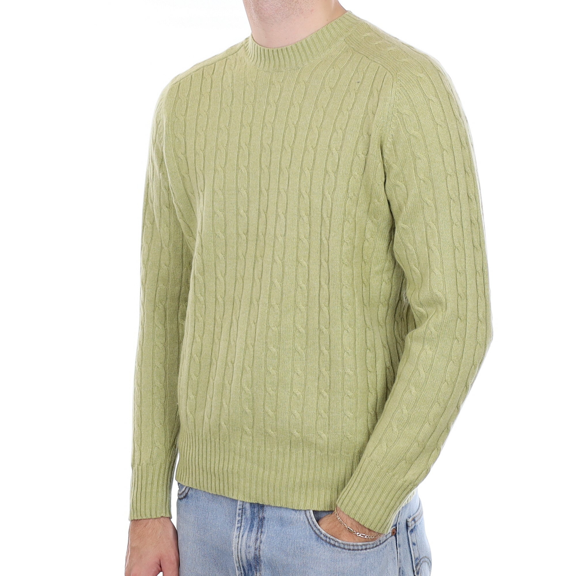 Men's Key Lime Green Cable Cashmere Crew Neck Jumper Medium