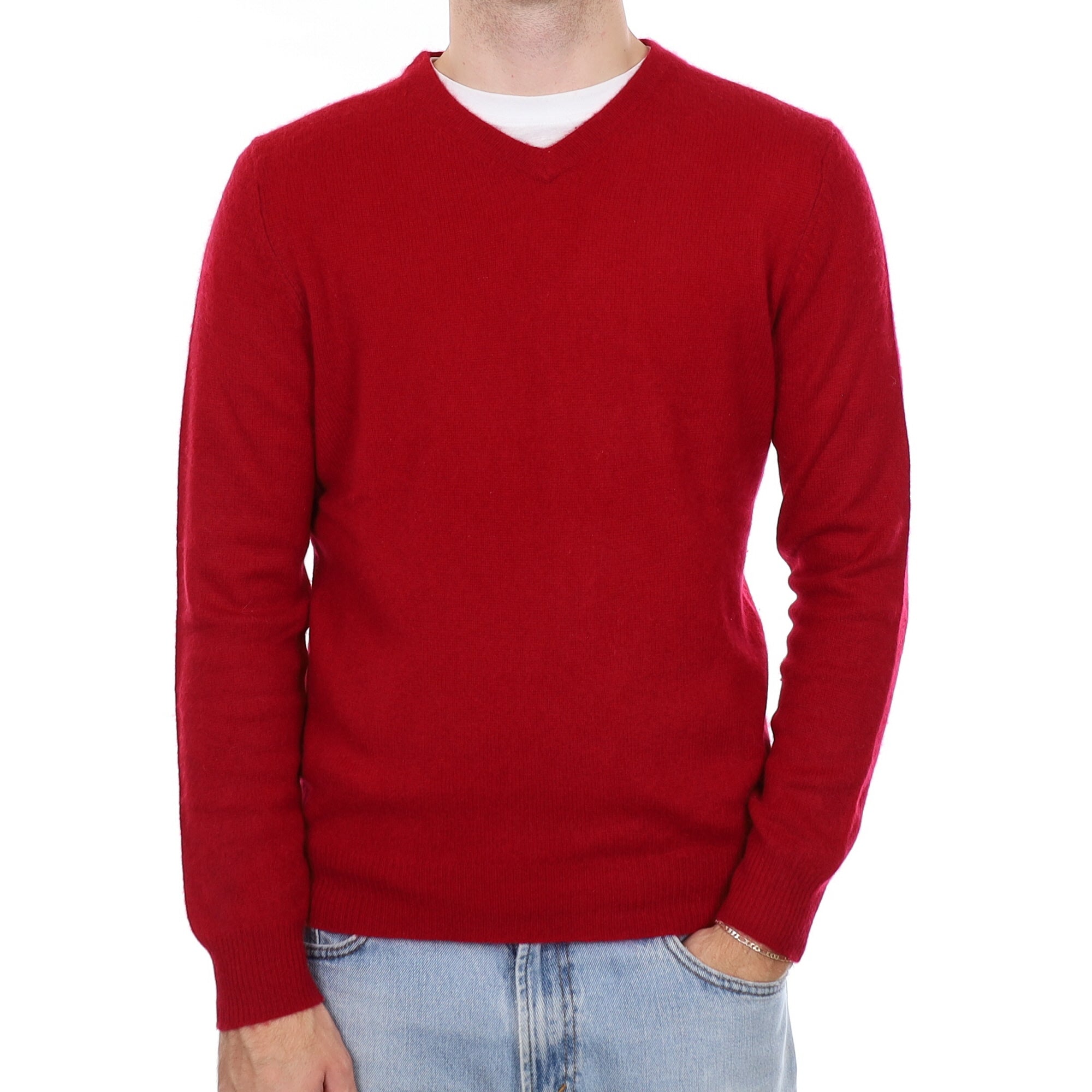 Men's Crimson Red Cashmere V Neck Jumper Medium