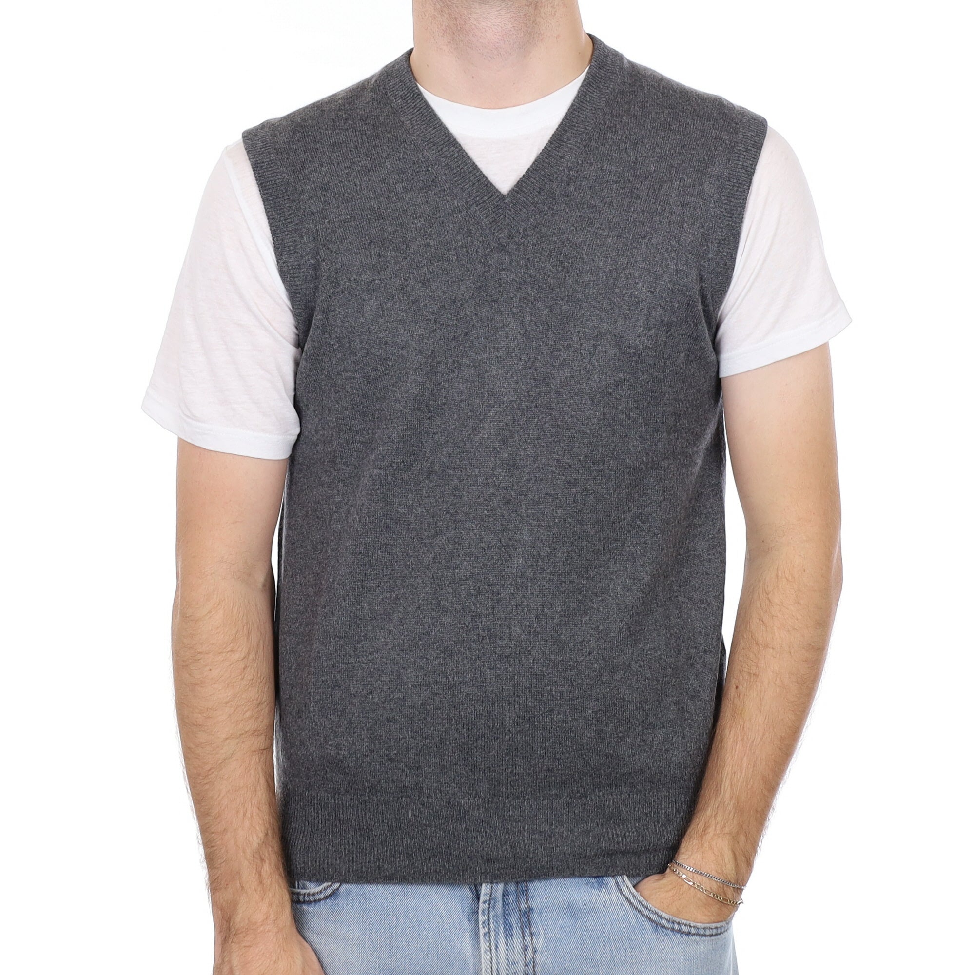 Men's Slate Grey Cashmere V Neck Tank Top Medium