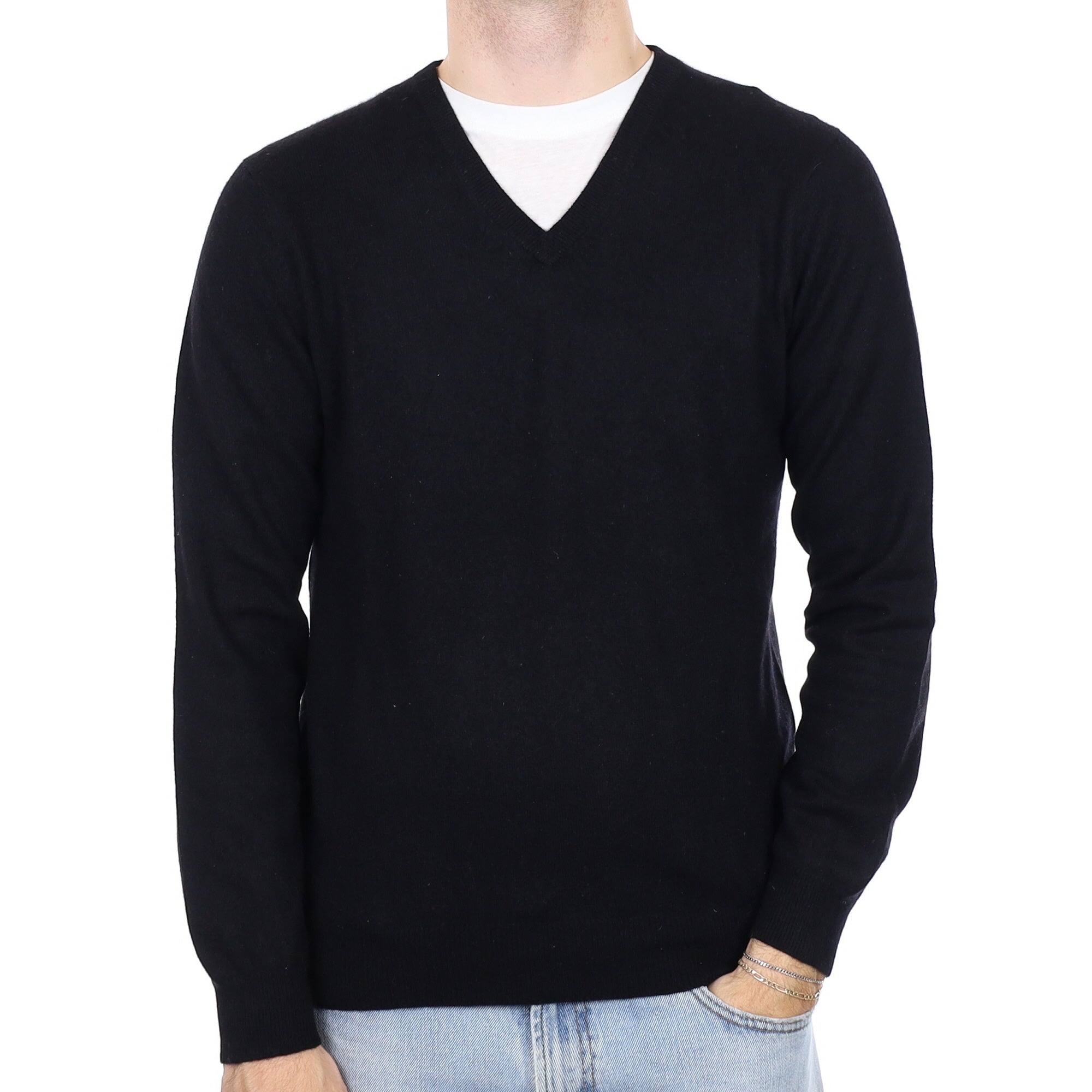 Men's Black Cashmere V Neck Jumper Medium