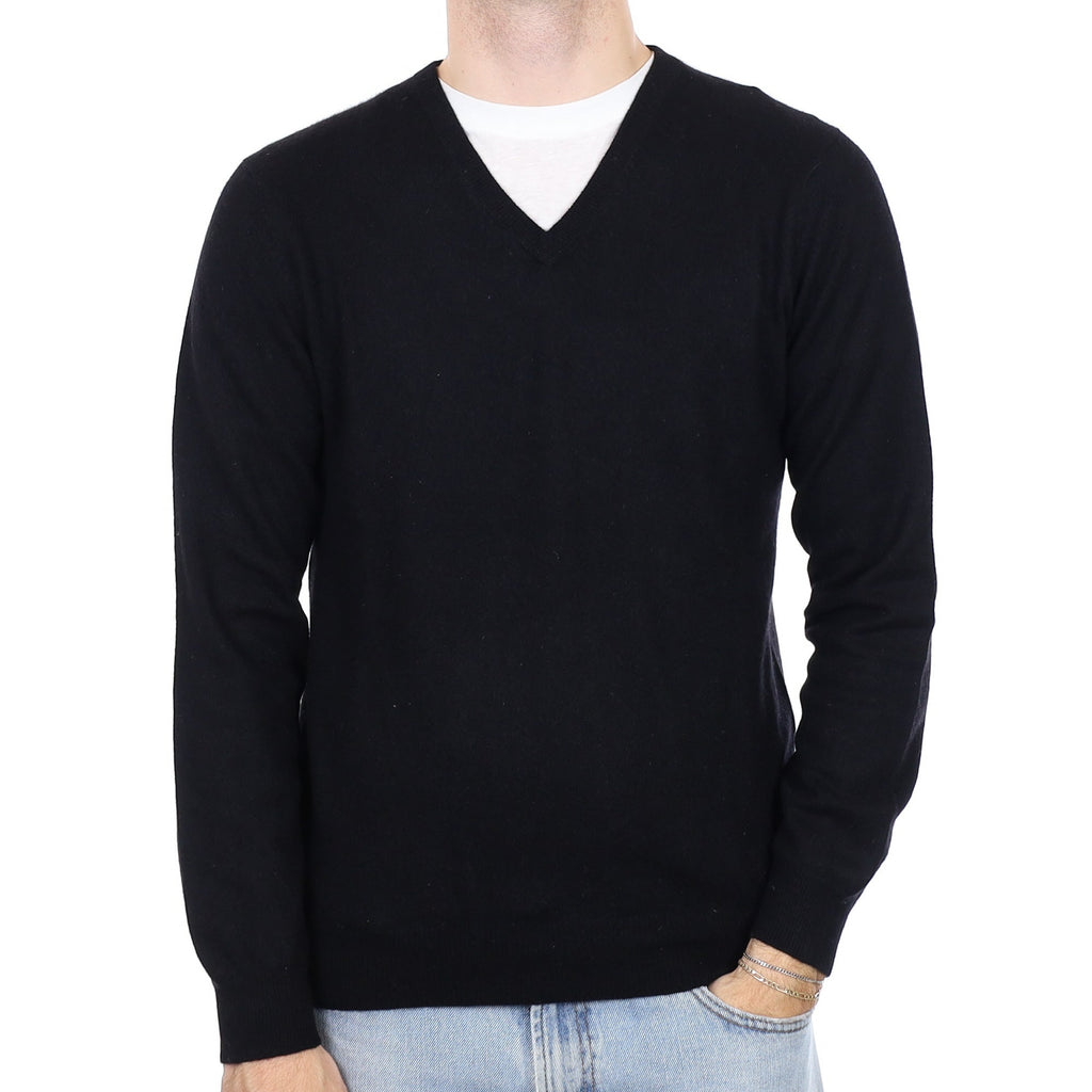 Men's Black Cashmere V Neck Jumper Medium