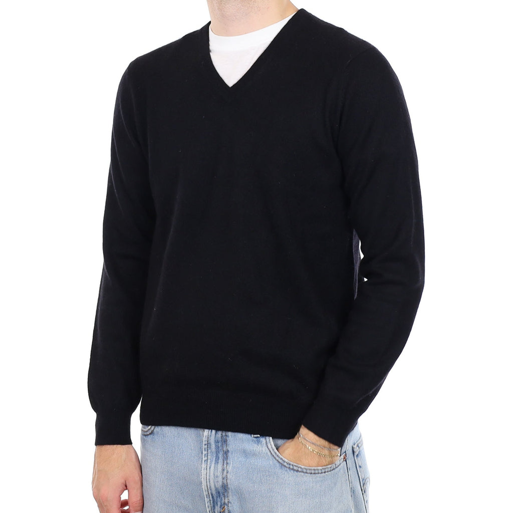 Men's Black Cashmere V Neck Jumper Medium