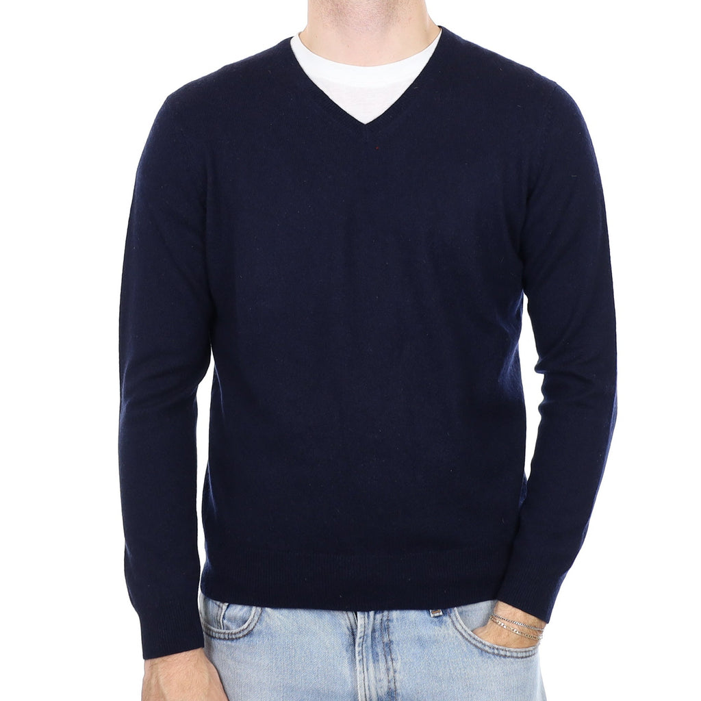 Men's Dark Navy Cashmere V Neck Jumper Medium