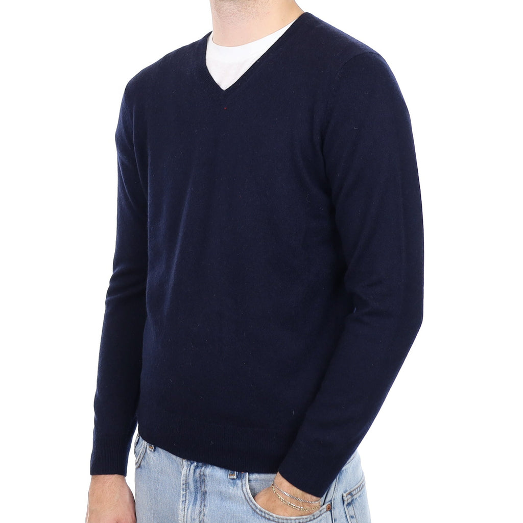 Men's Dark Navy Cashmere V Neck Jumper Medium