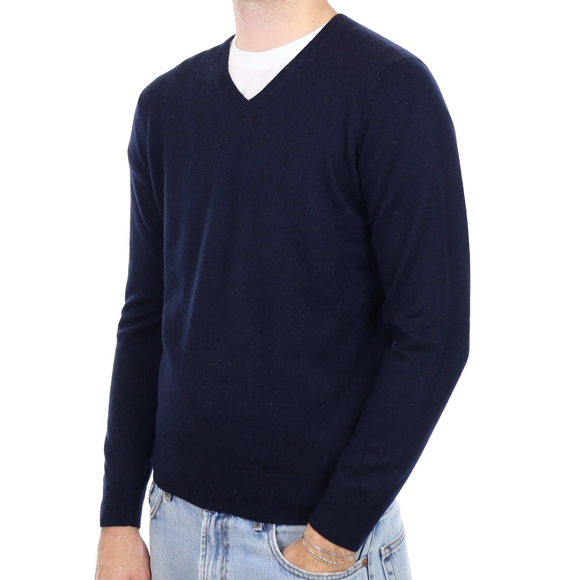 Men's Dark Navy Cashmere V Neck Jumper Medium