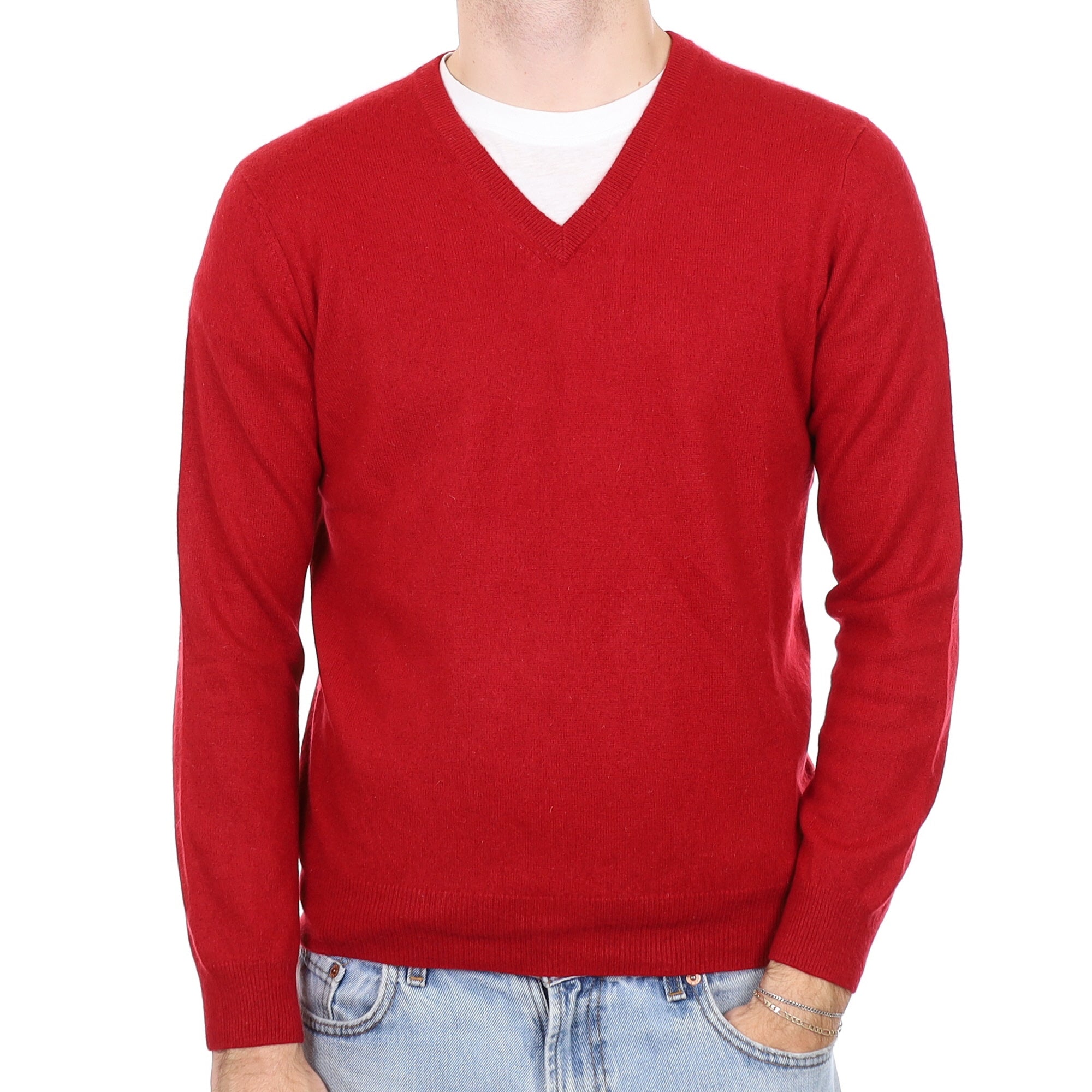Men's Crimson Red Cashmere V Neck Jumper Medium