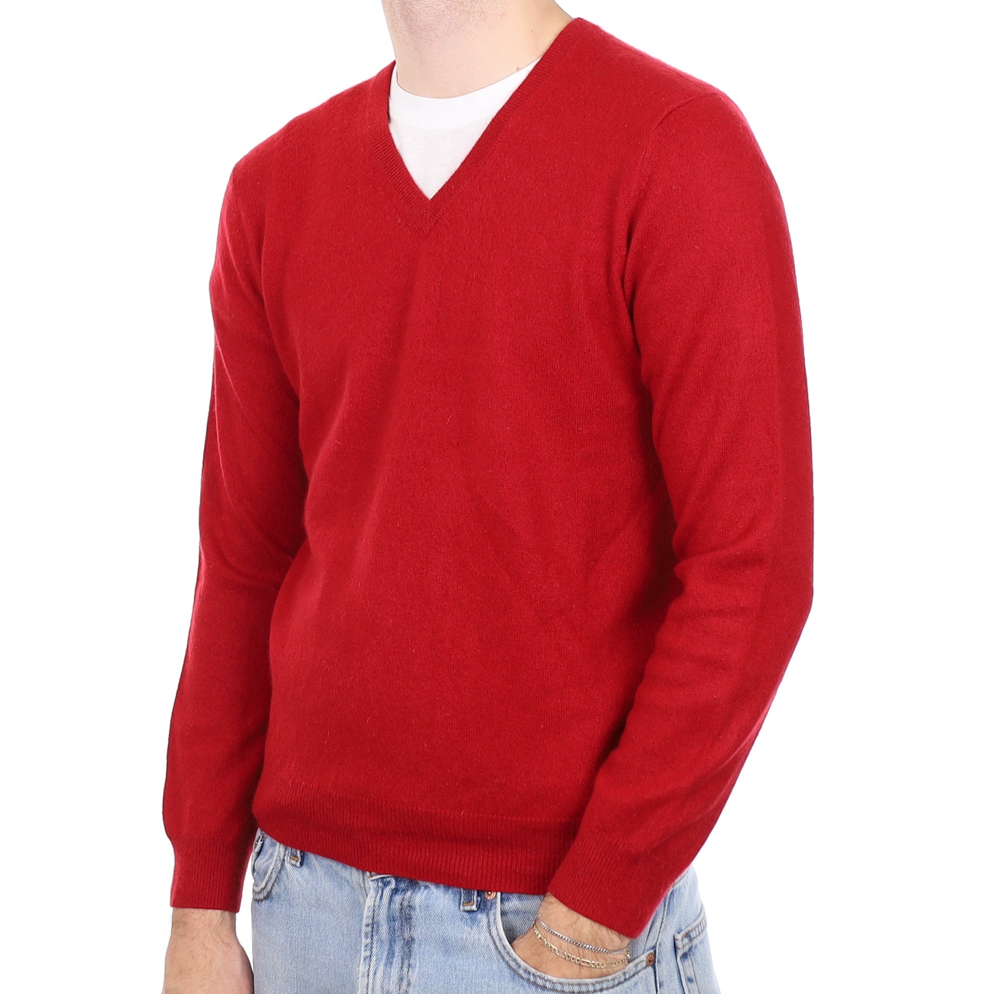 Men's Crimson Red Cashmere V Neck Jumper Medium