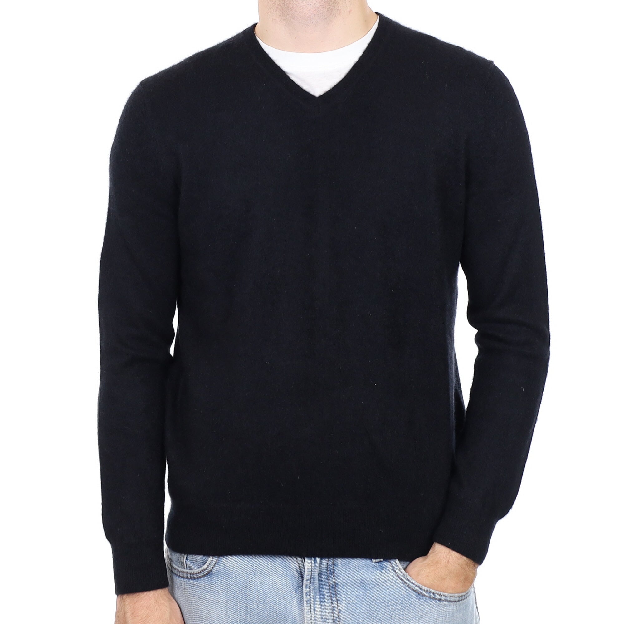 Men's Black Cashmere V Neck Jumper Medium