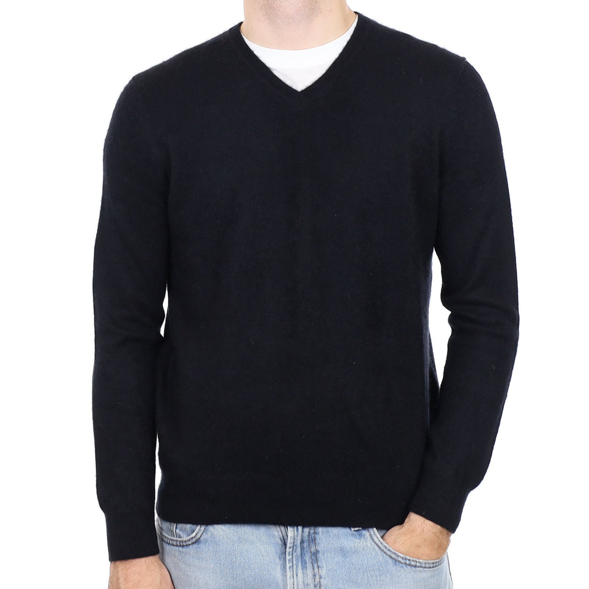 Men's Black Cashmere V Neck Jumper Medium