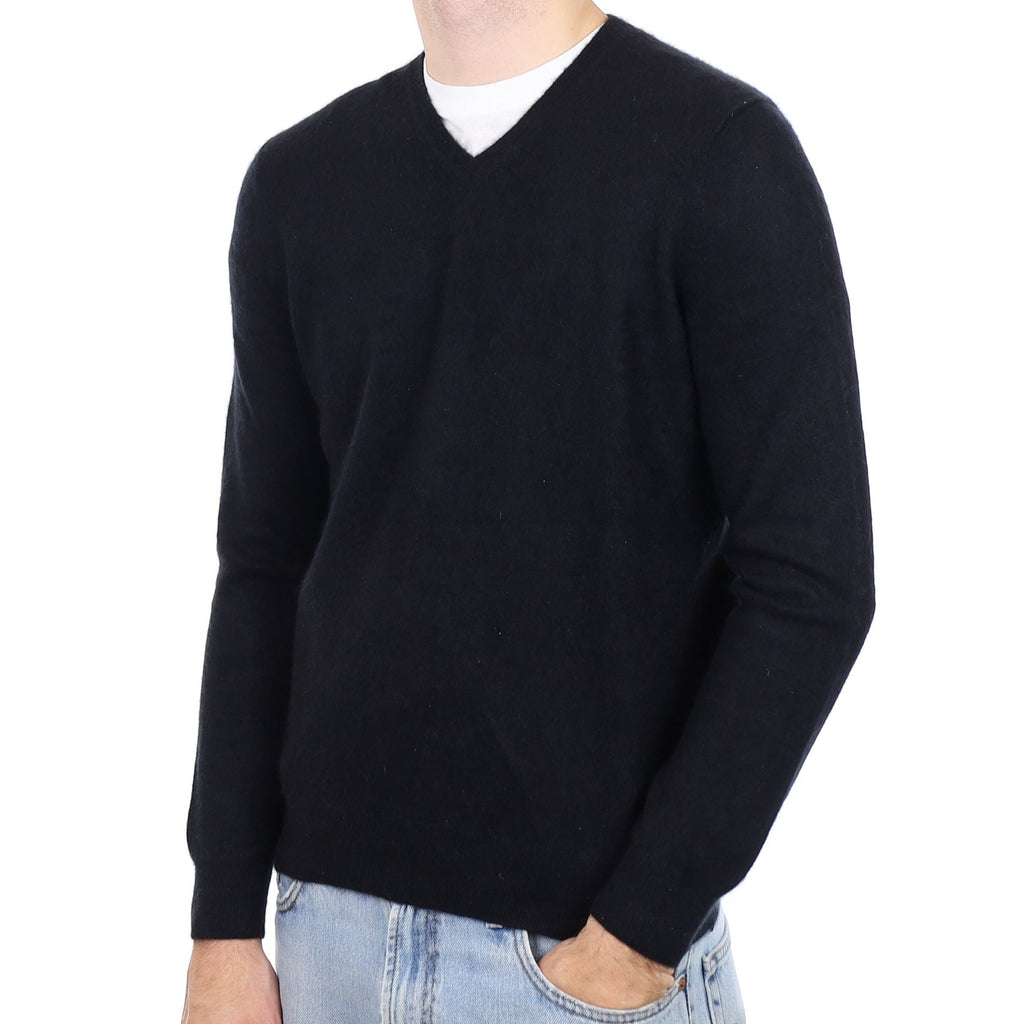 Men's Black Cashmere V Neck Jumper Medium