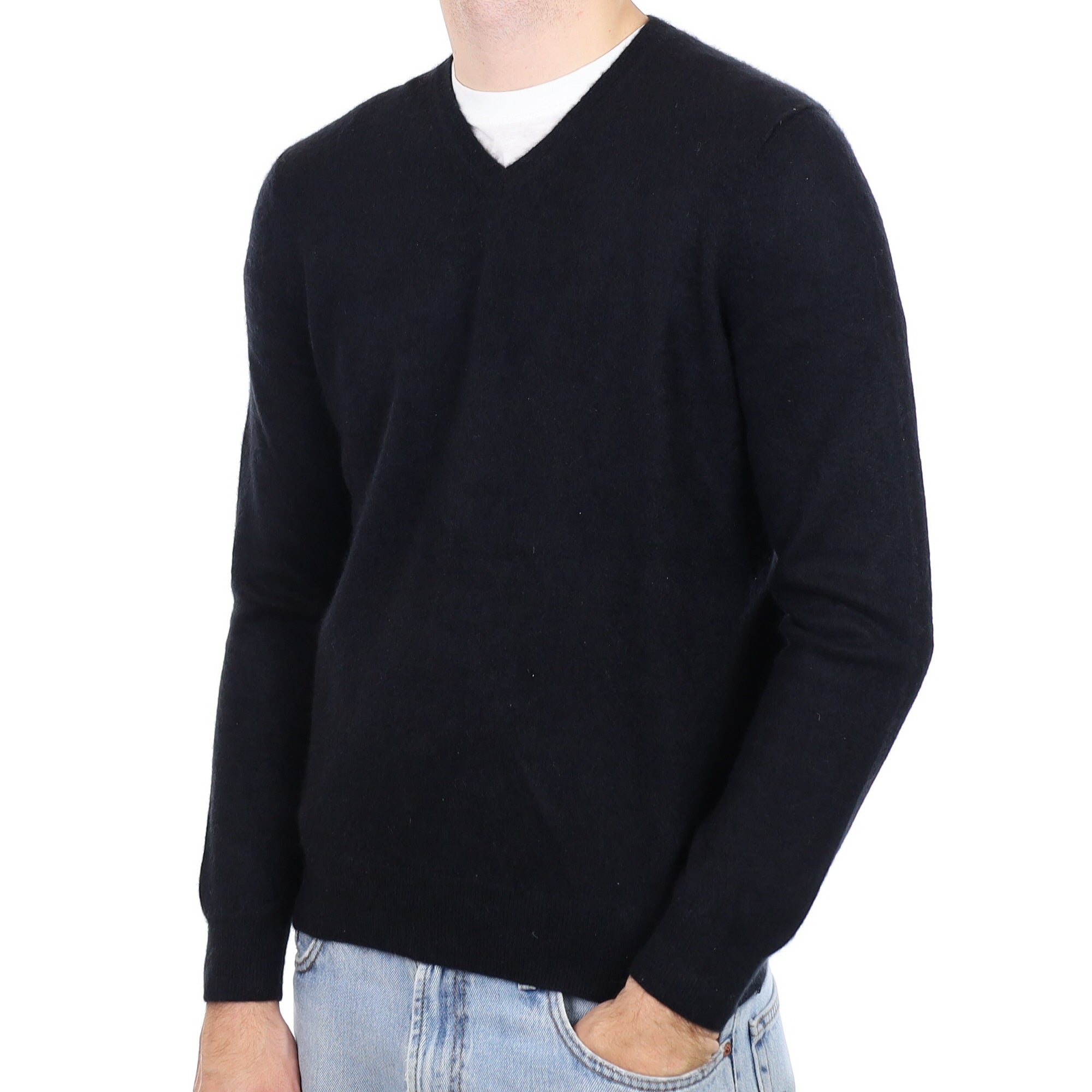 Men's Black Cashmere V Neck Jumper Medium