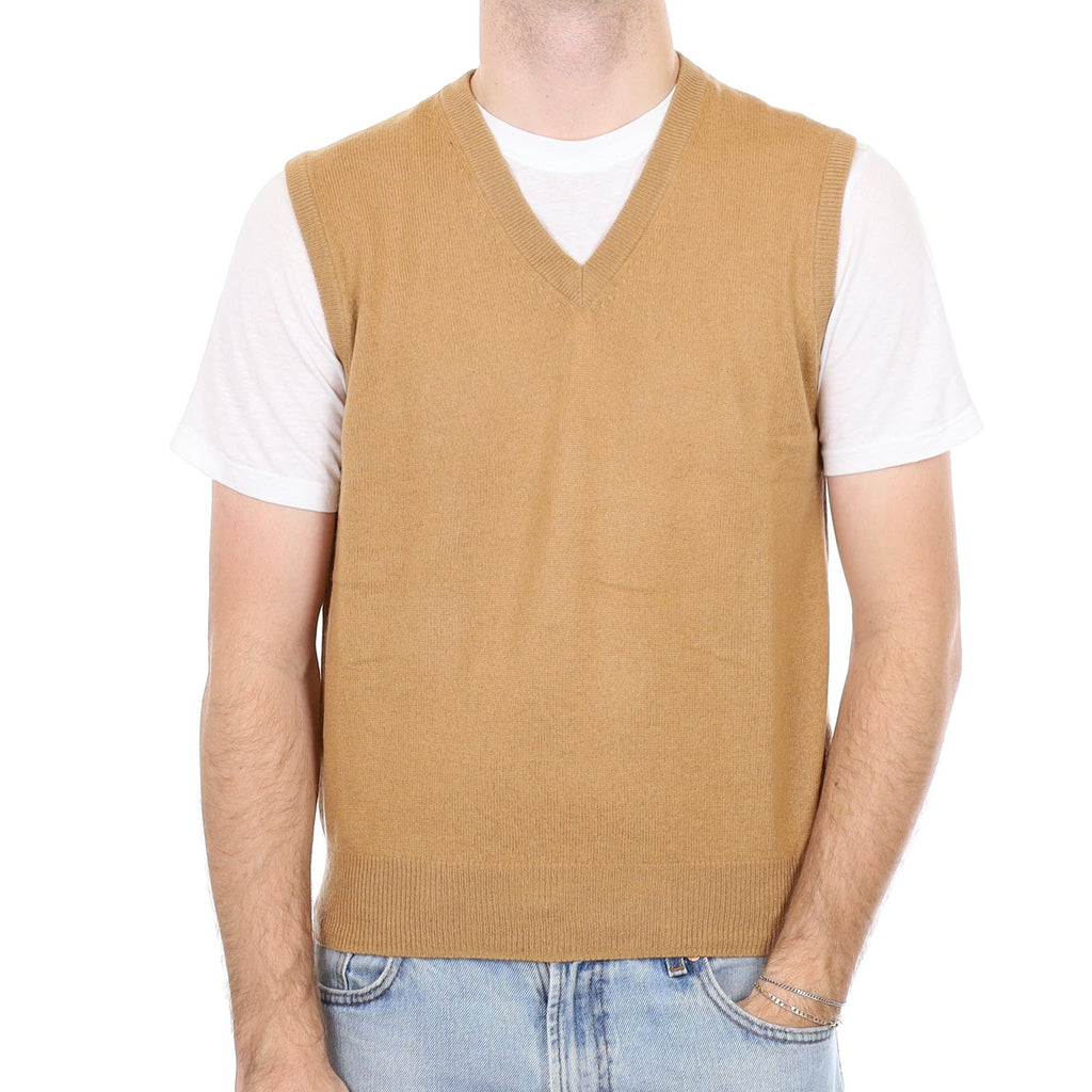 Men's Butterscotch Brown Cashmere V Neck Tank Top Medium