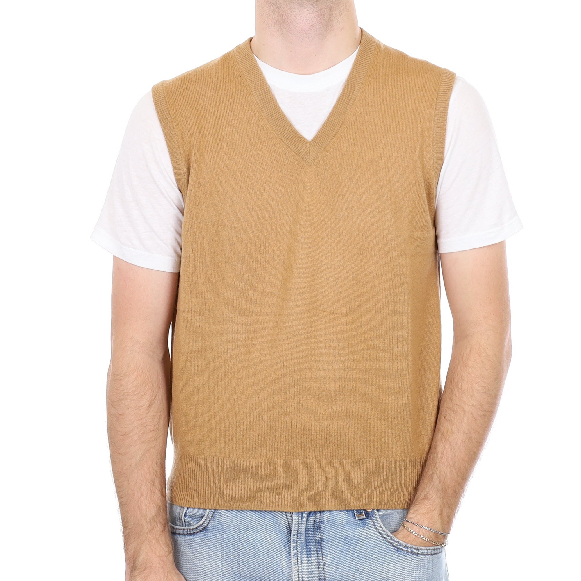 Men's Butterscotch Brown Cashmere V Neck Tank Top Medium