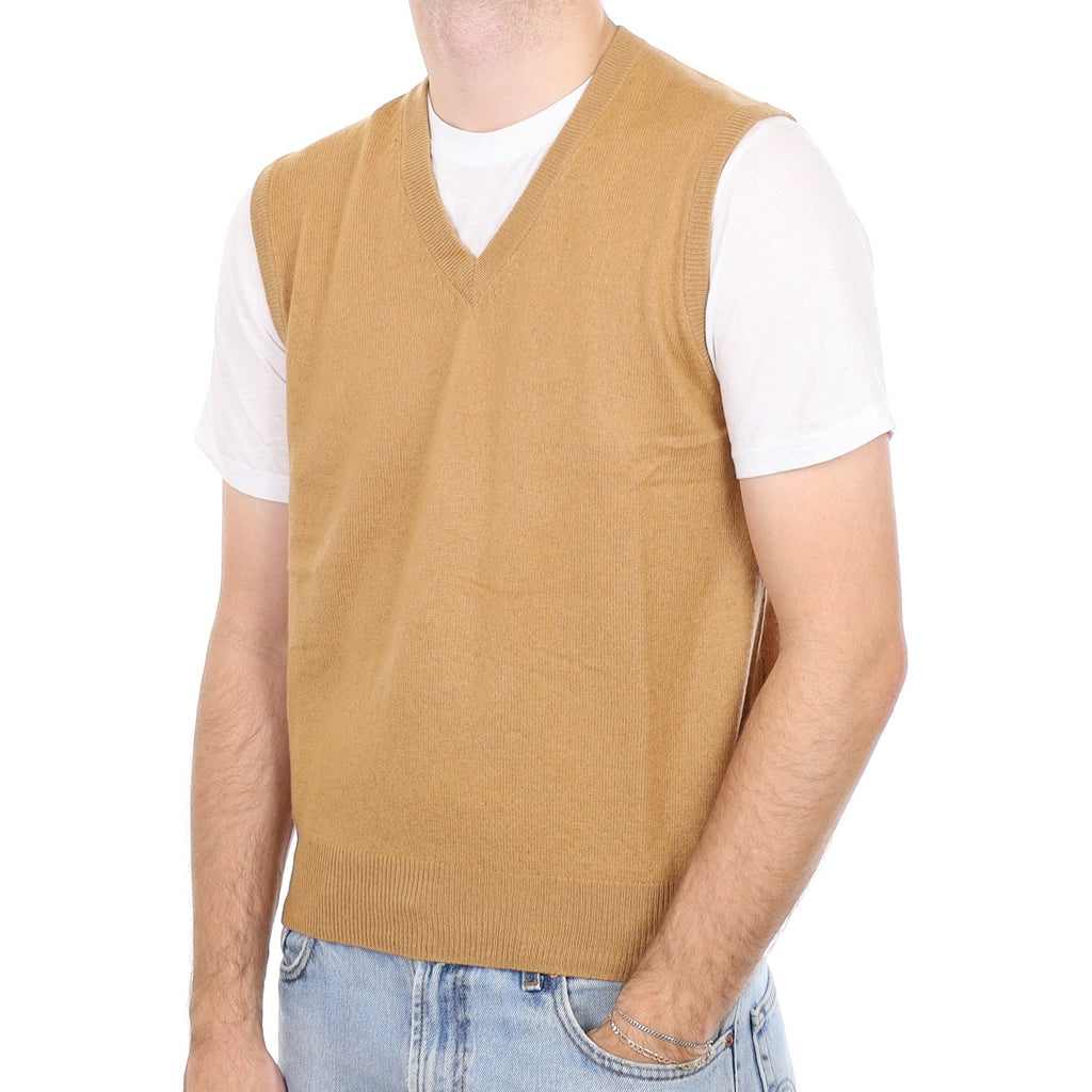 Men's Butterscotch Brown Cashmere V Neck Tank Top Medium