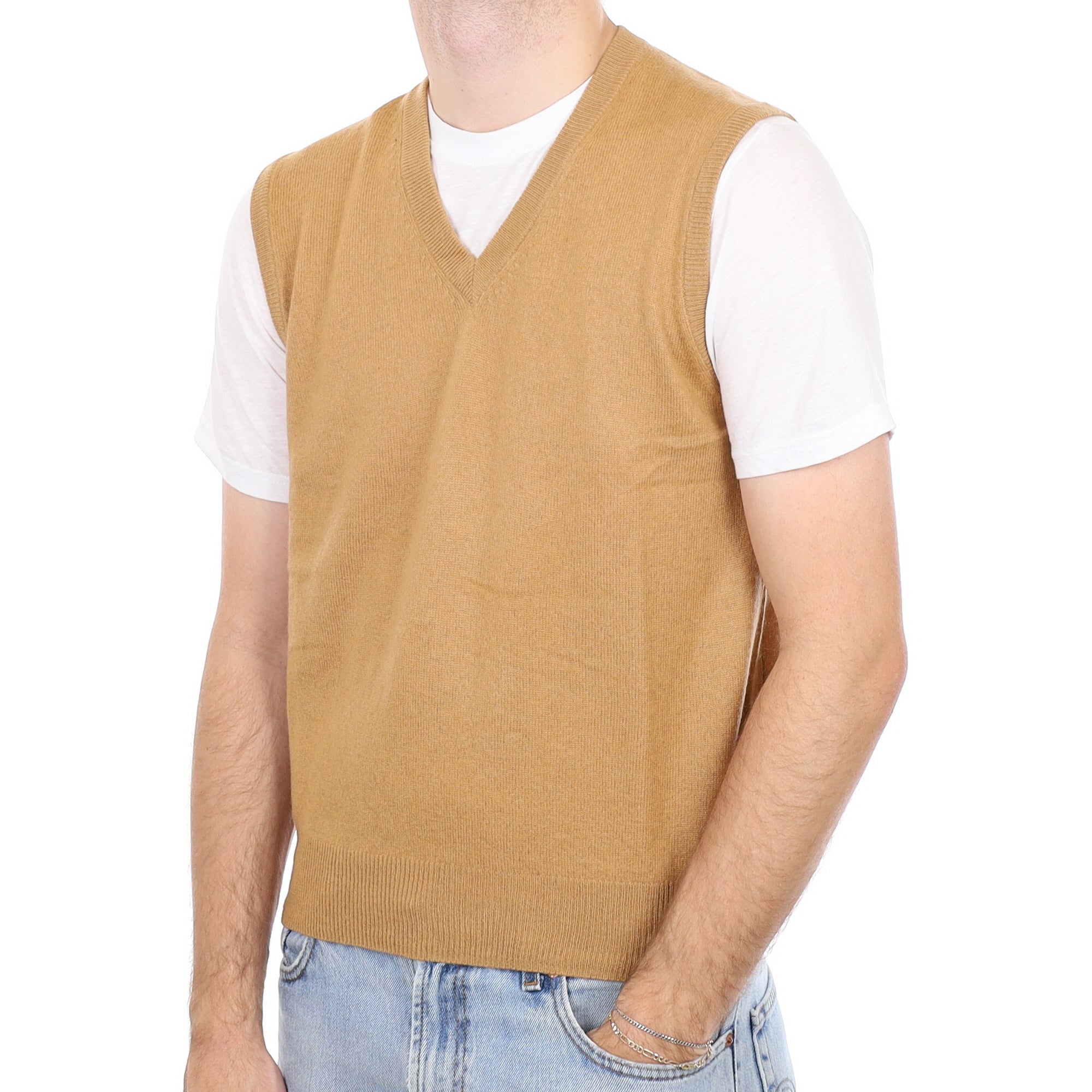 Men's Butterscotch Brown Cashmere V Neck Tank Top Medium