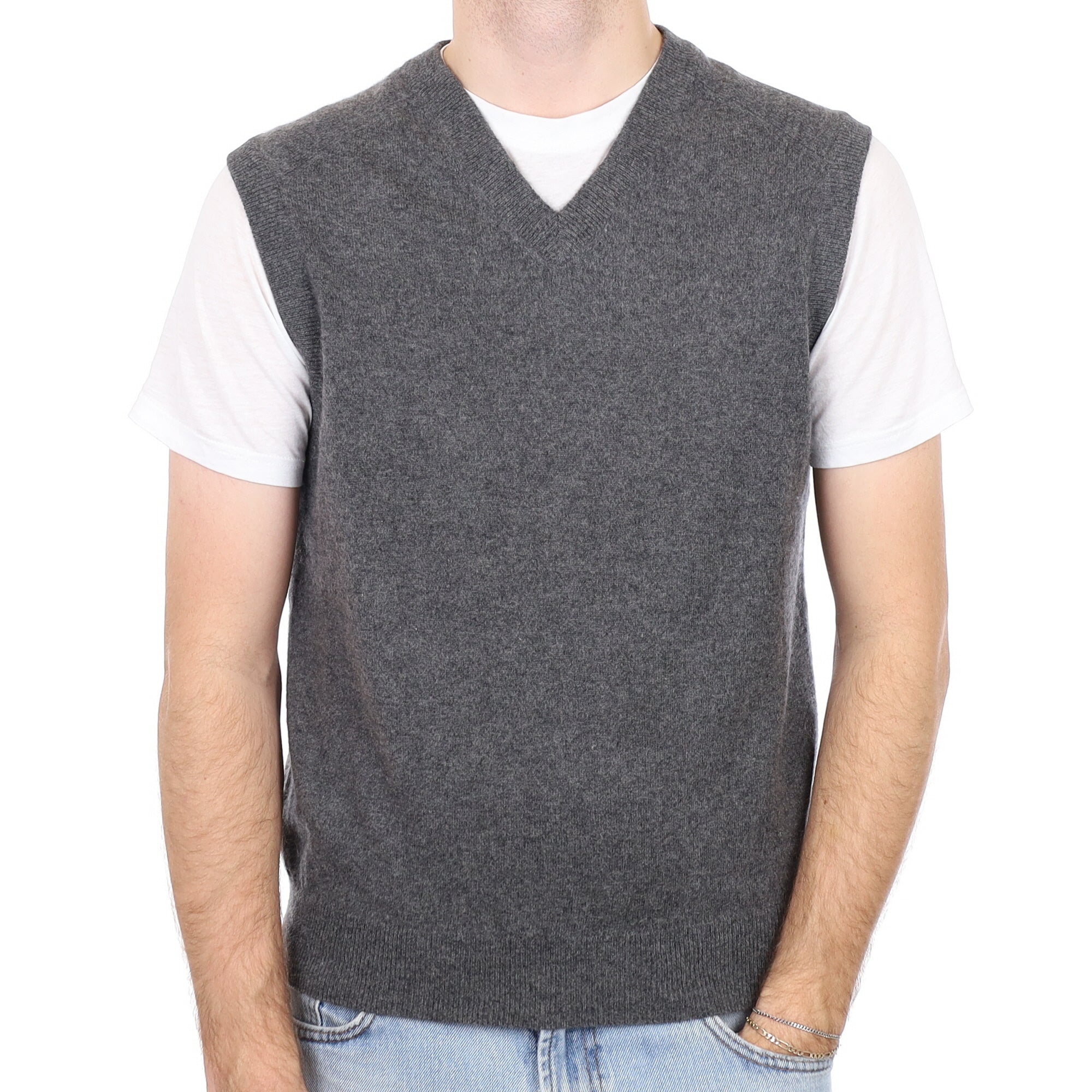 Men's Granite Grey Cashmere V Neck Tank Top Medium